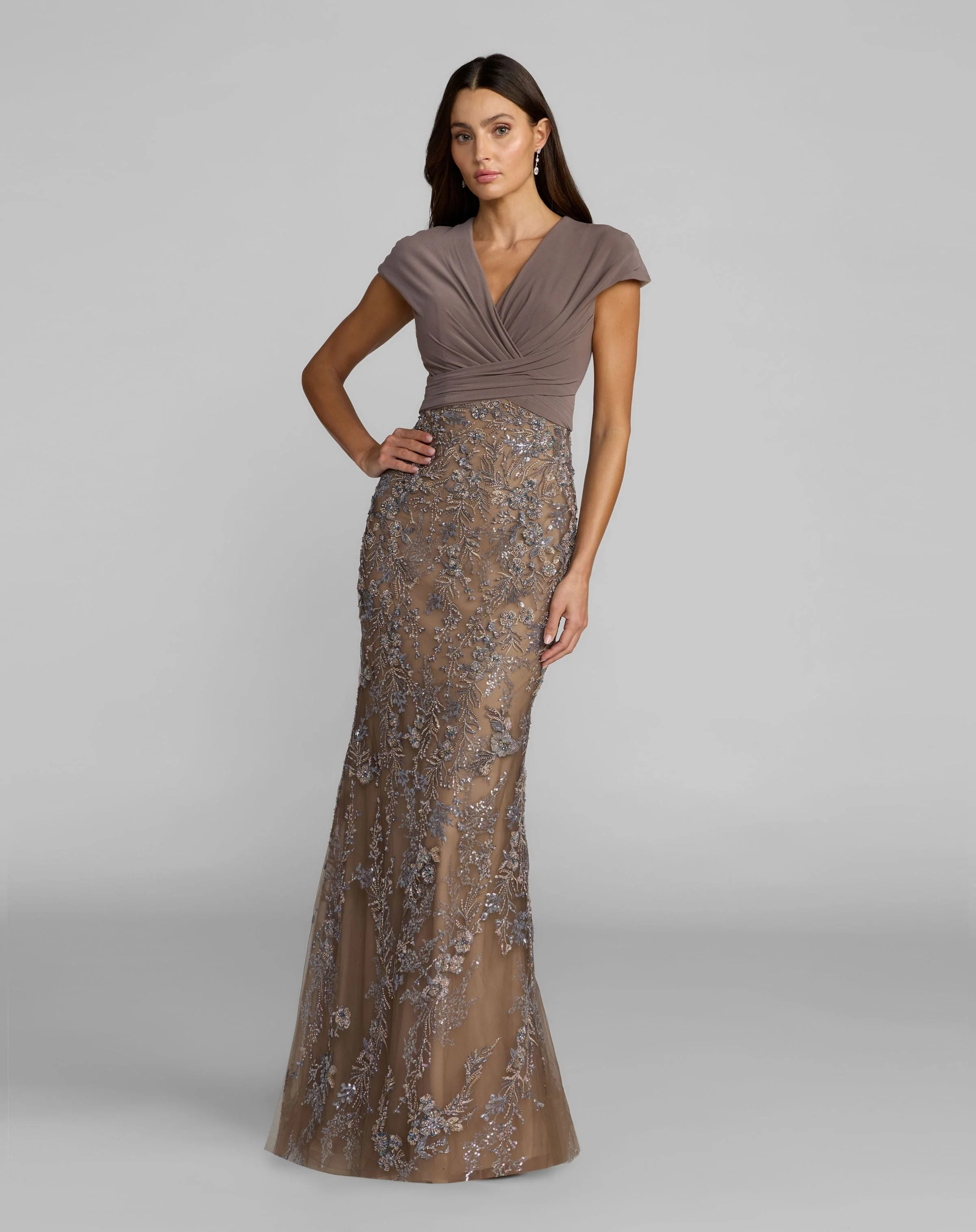 Beige Jersey Wrap Top Floral Sequin Gown - 1