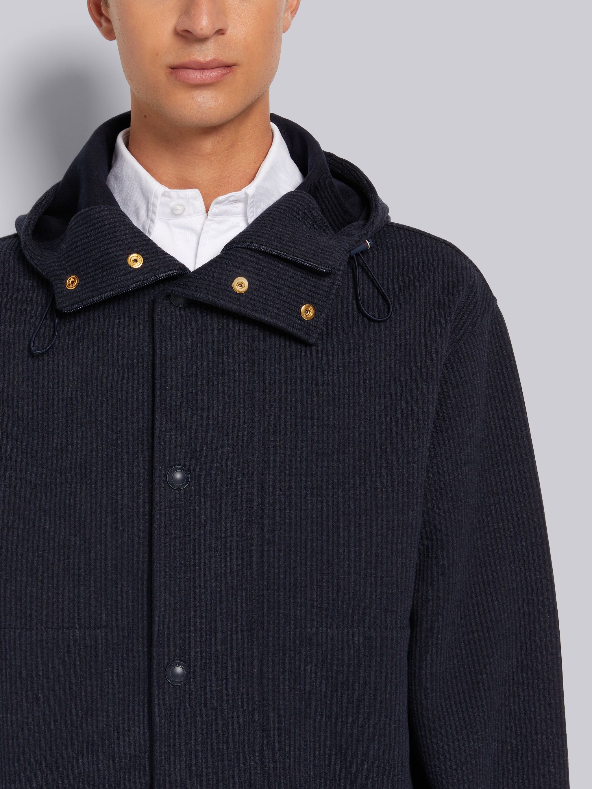 Navy Double Face Tech Seersucker Snap Front Hooded Parka - 5