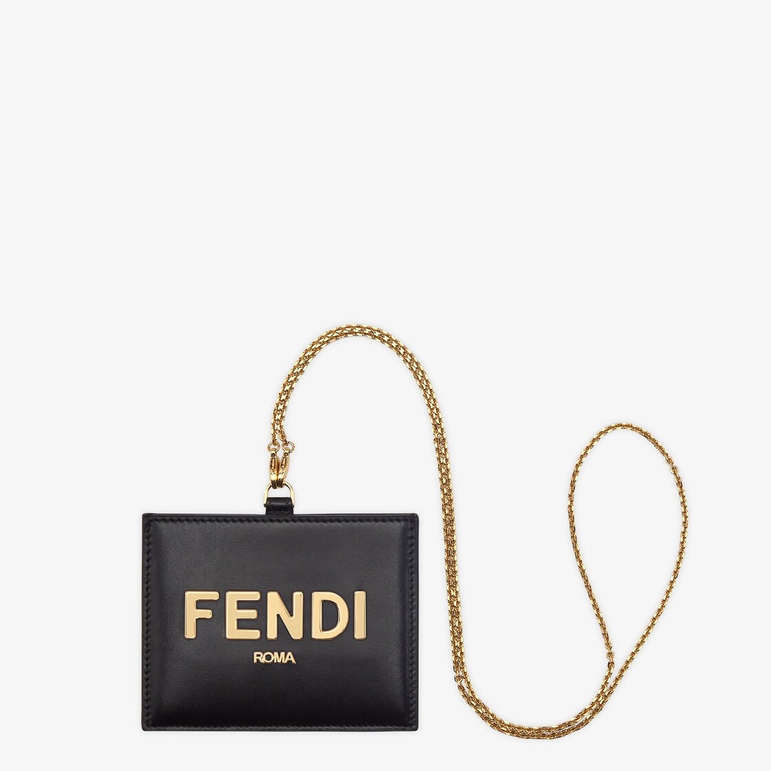Fendi Roma name badge with a flat pocket and metal chain. Made of black leather. Gold-finish metalwa - 1