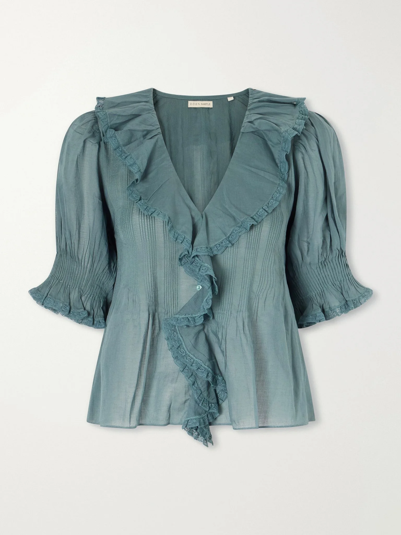 Henri lace-trimmed organic cotton blouse Turquoise - 1