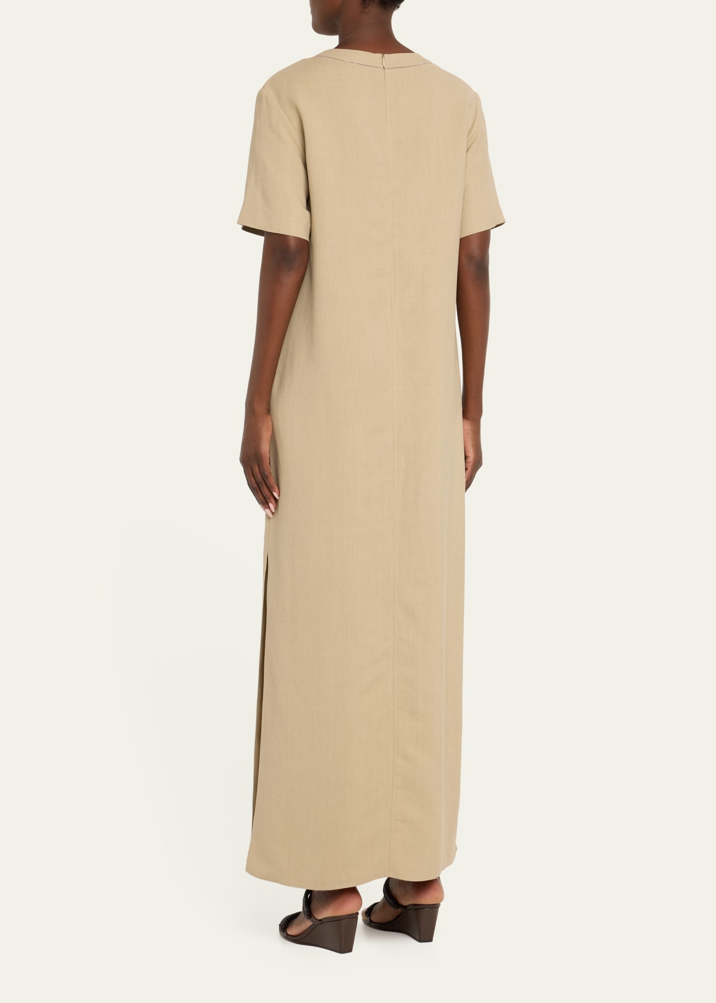 Fluid Linen Twill T-Shirt Dress with Slits and Monili Detail - 3