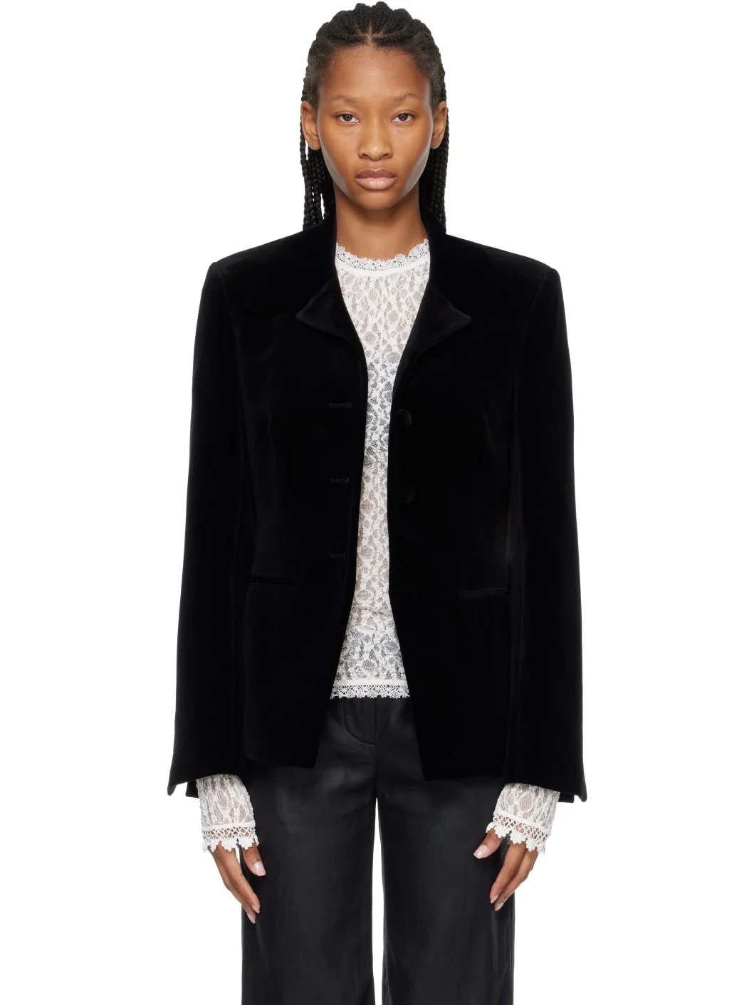 Black Classic Fitted Velvet Blazer - 1