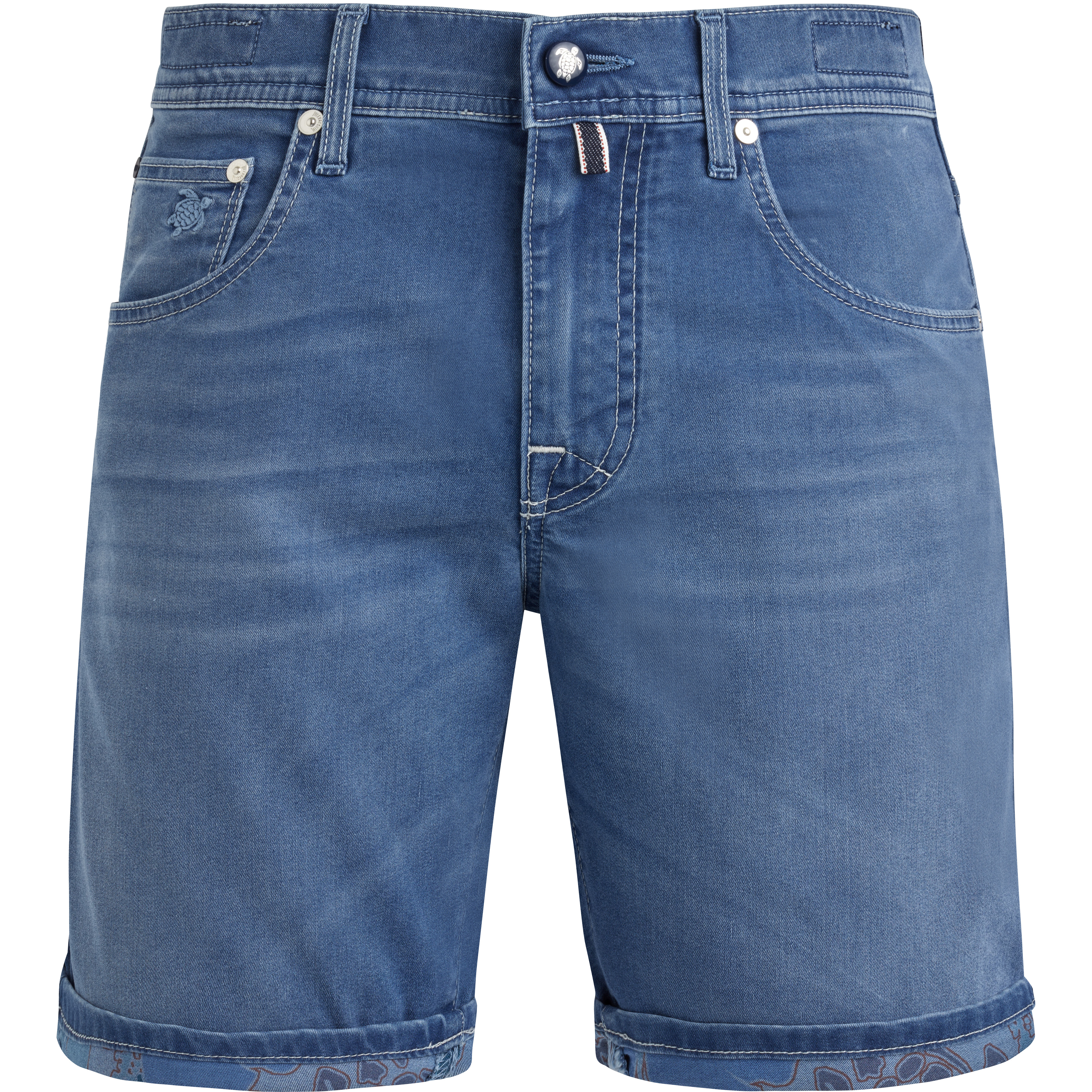 Men 5-Pockets Denim Bermuda Shorts Tropical Turtles - 1