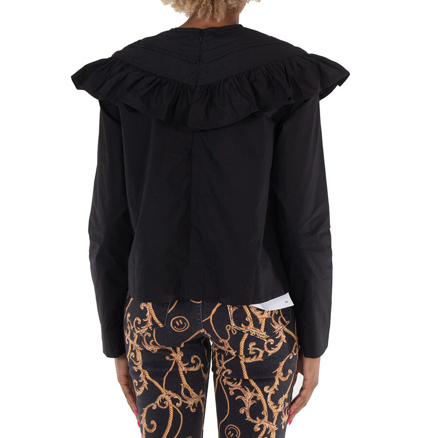 Ganni Cotton Poplin Frill Blouse In Black - 4