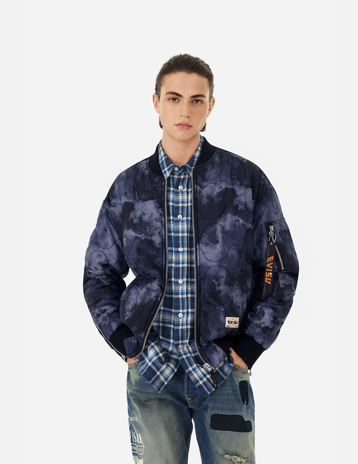 ALLOVER SEAGULL EMBROIDERY TIE-DYE LOOSE FIT PADDED BOMBER JACKET - 13