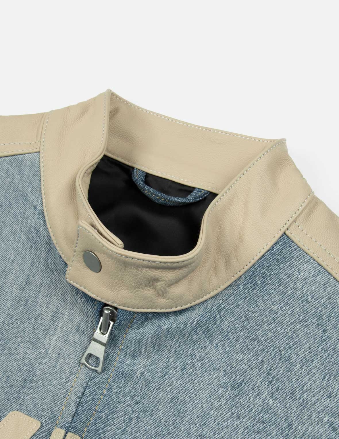 LEATHER LOGO AND SEAGULL APPLIQUÉ REGULAR FIT DENIM MOTO JACKET - 9