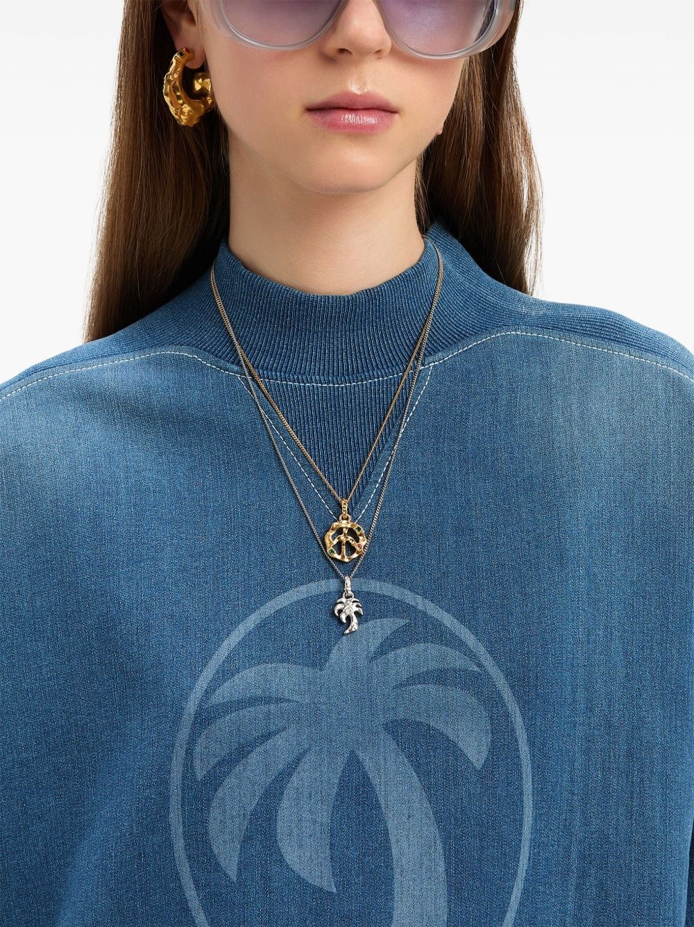 palm-print washed denim sweatshirt - 6
