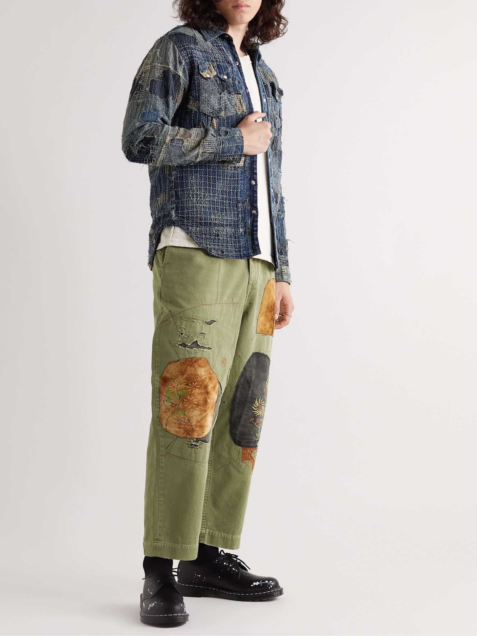 Kapital Katsuragi Wide-Leg Patchwork Distressed Cotton-Twill