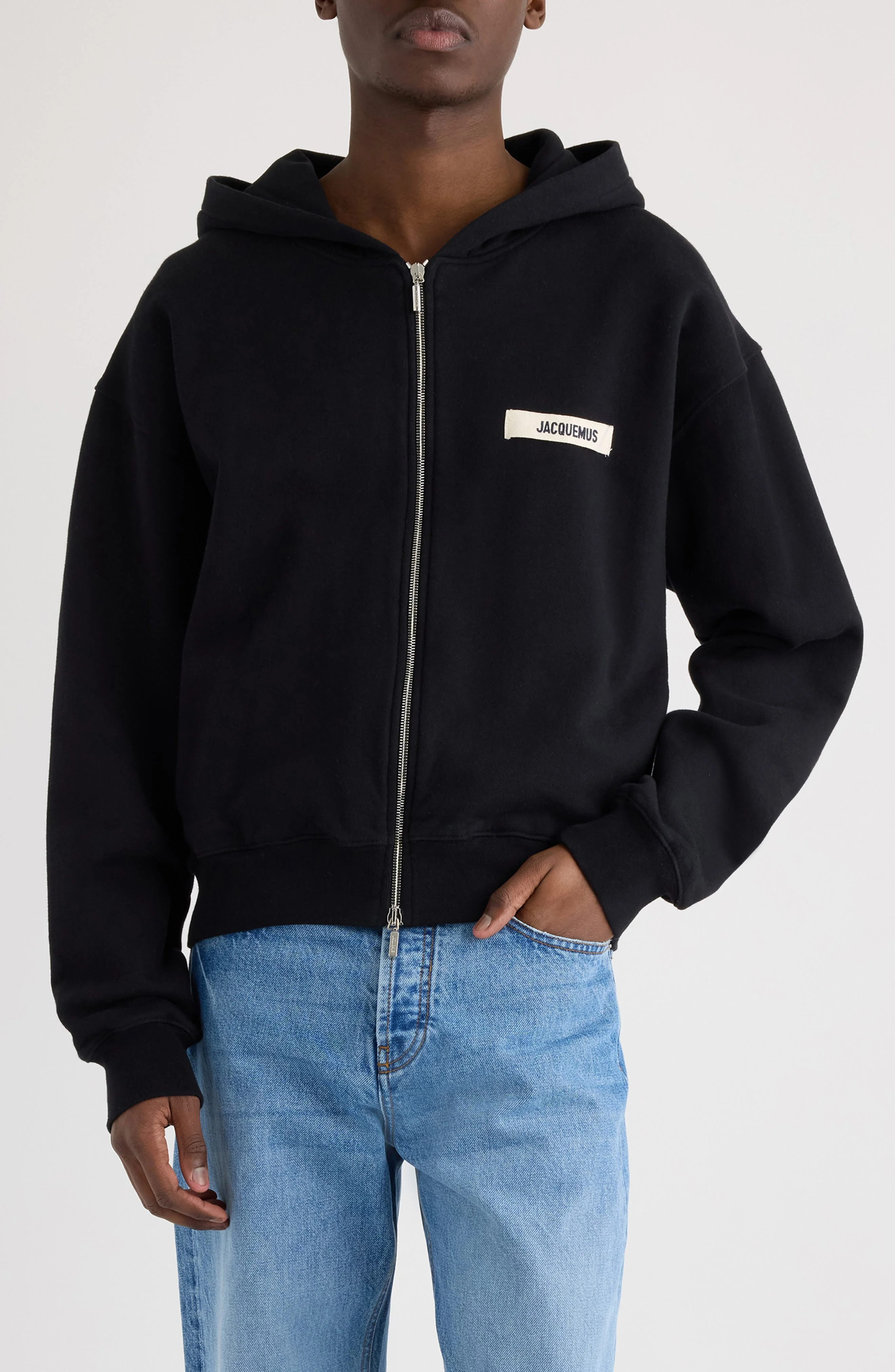 Jacquemus Le Hoodie Gros Grain Cotton Zip Hoodie in Black at Nordstrom - 1