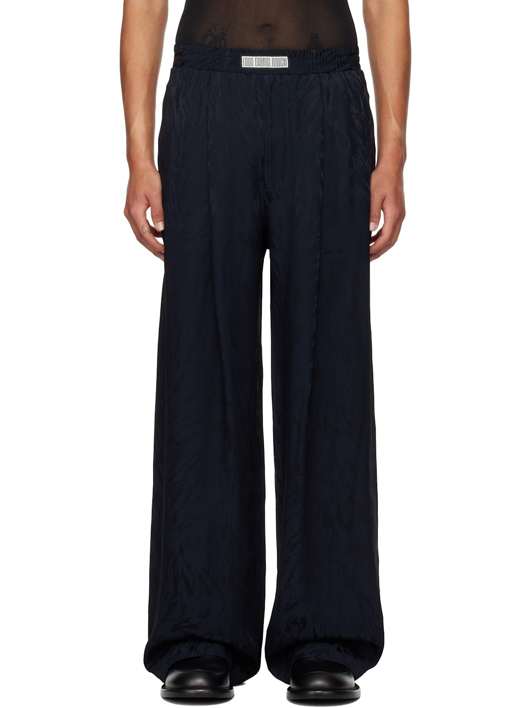 Navy Wide Fur-Patterned Jacquard Trousers - 1