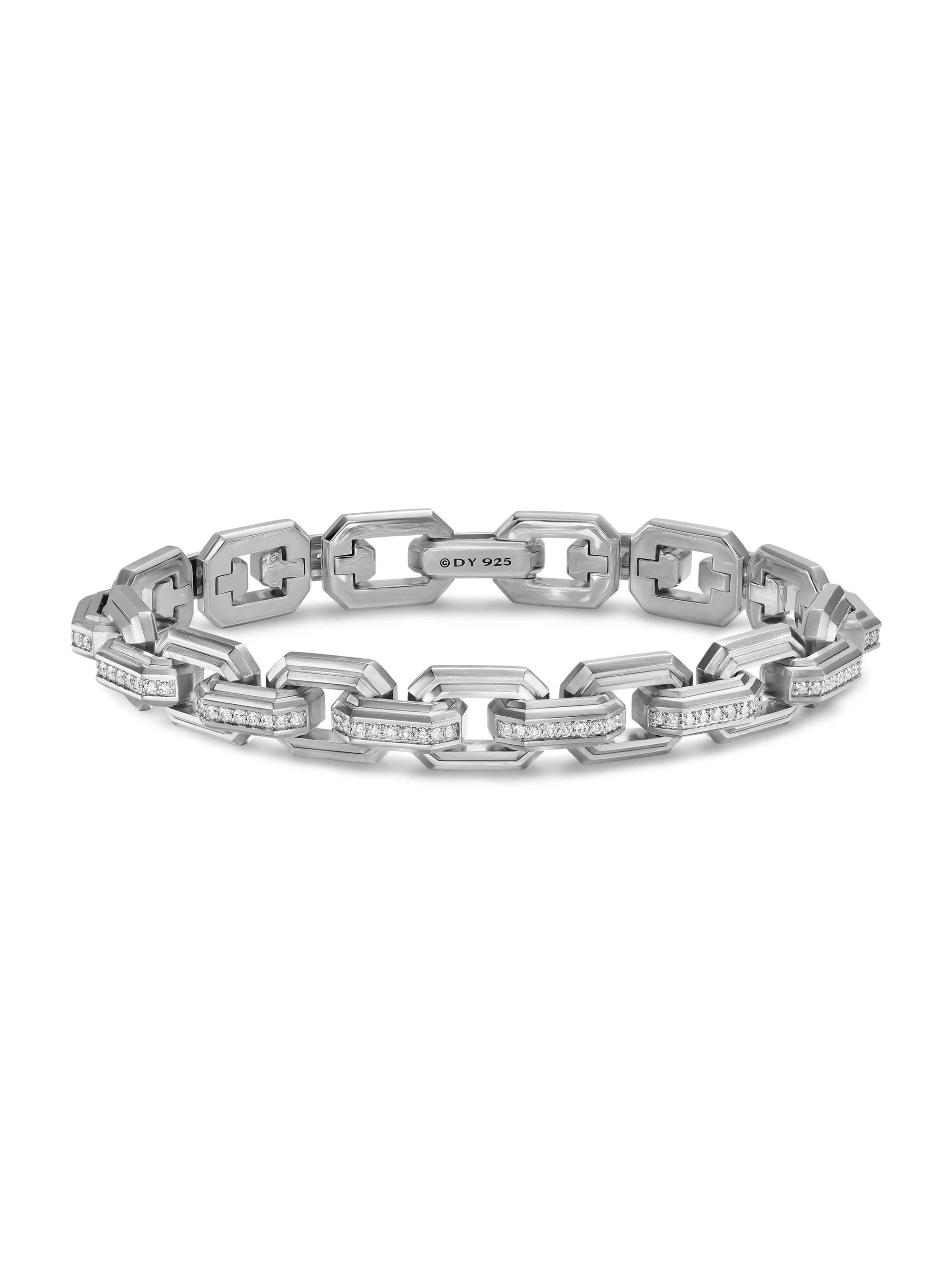 Men's Faceted Flat Link Bracelet in Sterling Silver - Diamond - 1