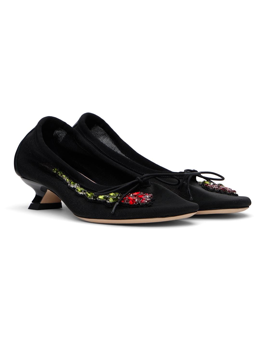 Black Embellished Flower Mesh Ballerina Heels - 4