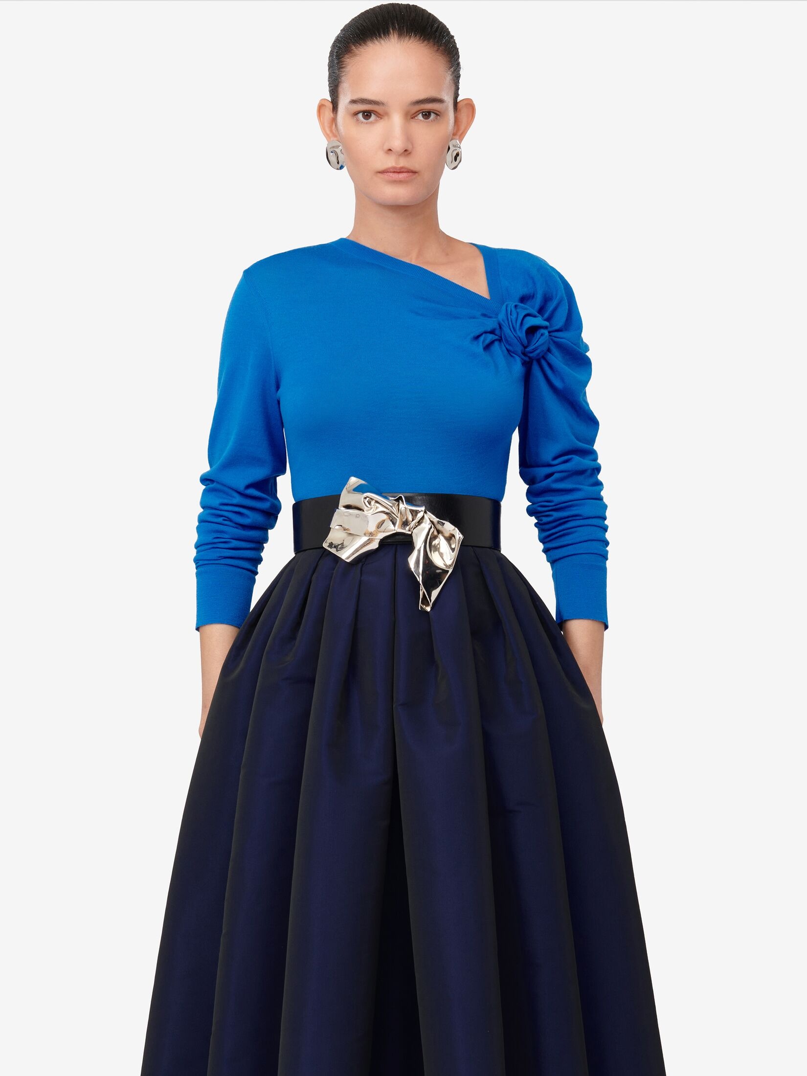 Women's Asymmetric Knot Jumper in Lapis Blue - 5