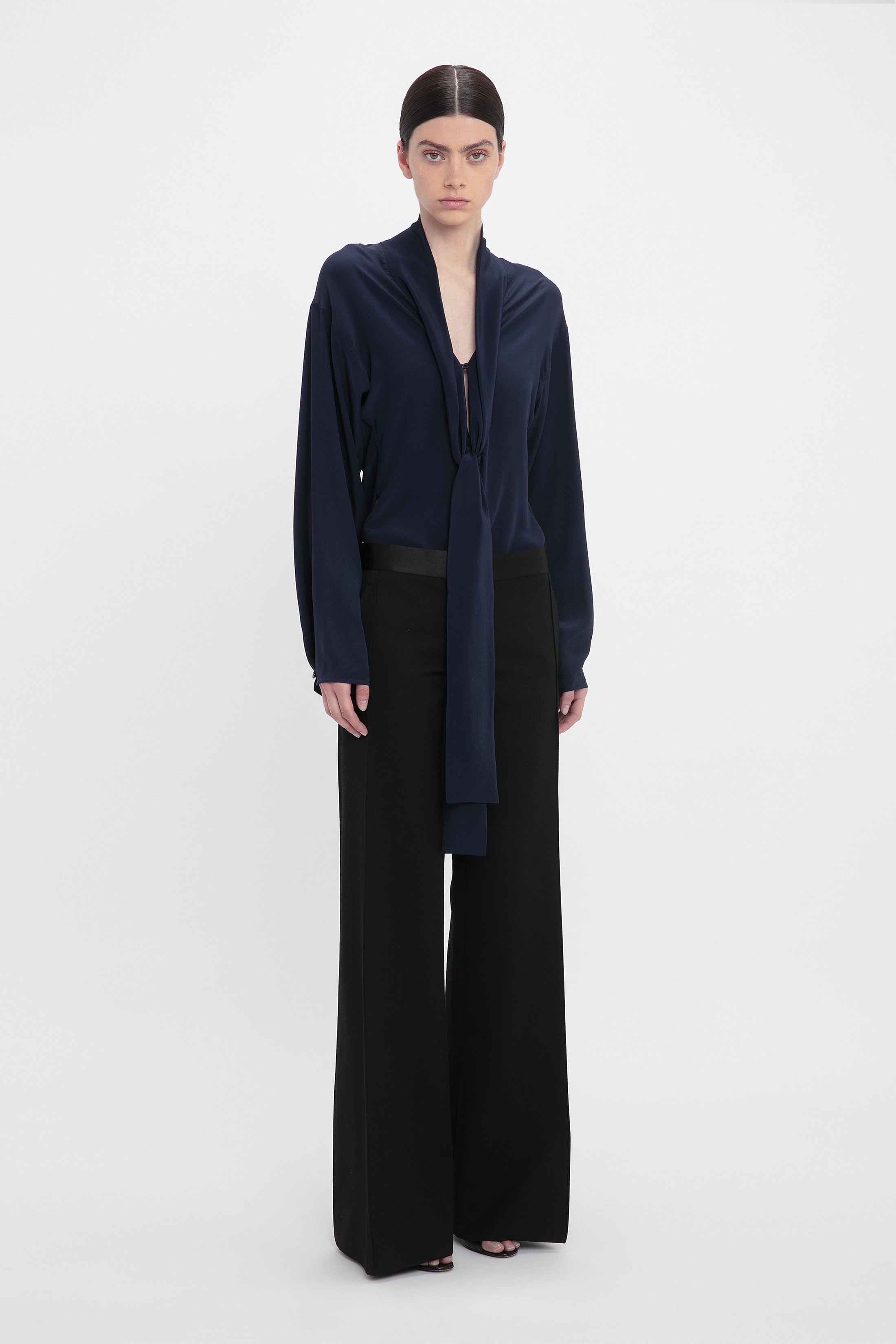 V-Neck Scarf Blouse In Ink Blue - 4
