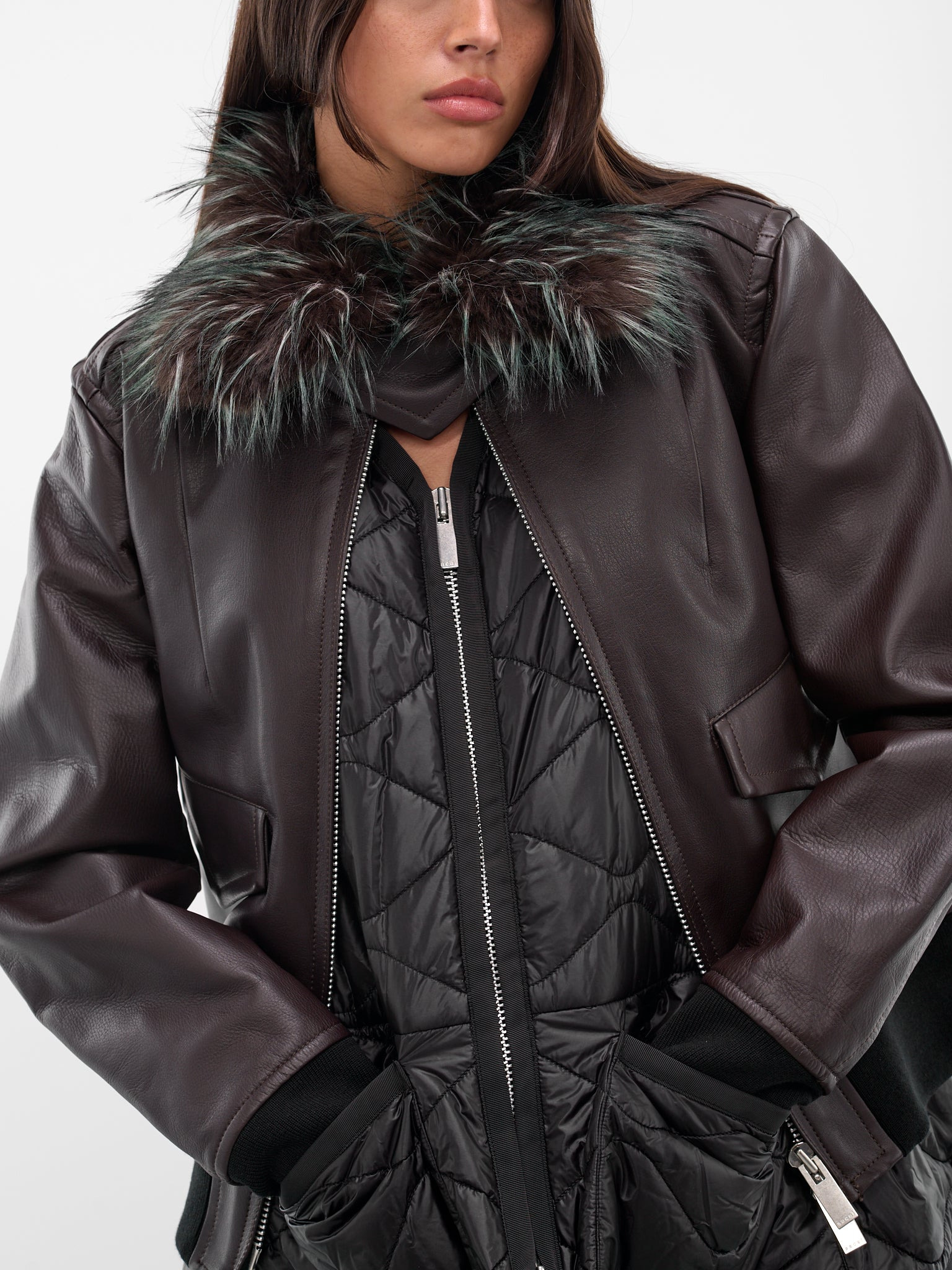 Brown Layered Leather Zip Jacket - 5