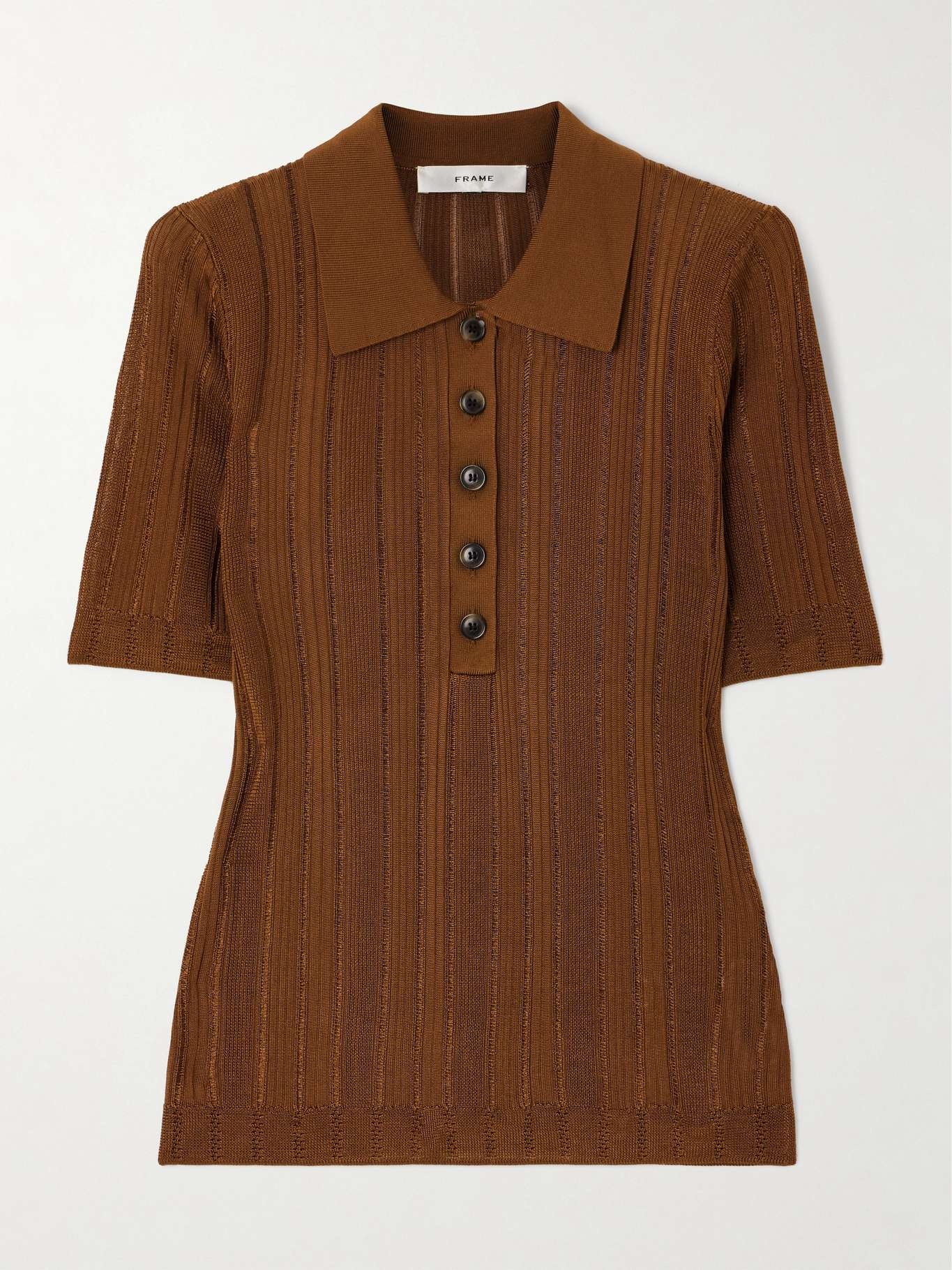 【CO】 BROWN-BEIGE CASHMERE rib-knit polo FRAME Ribbed-knit polo shirt Light brown | netaporter