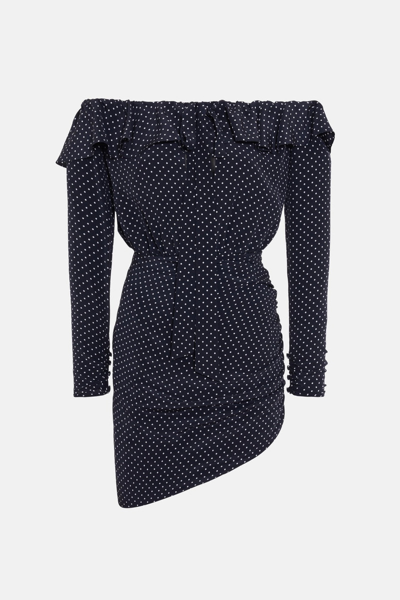 POLKA DOT SILK OFF THE SHOULDER MINI DRESS 1