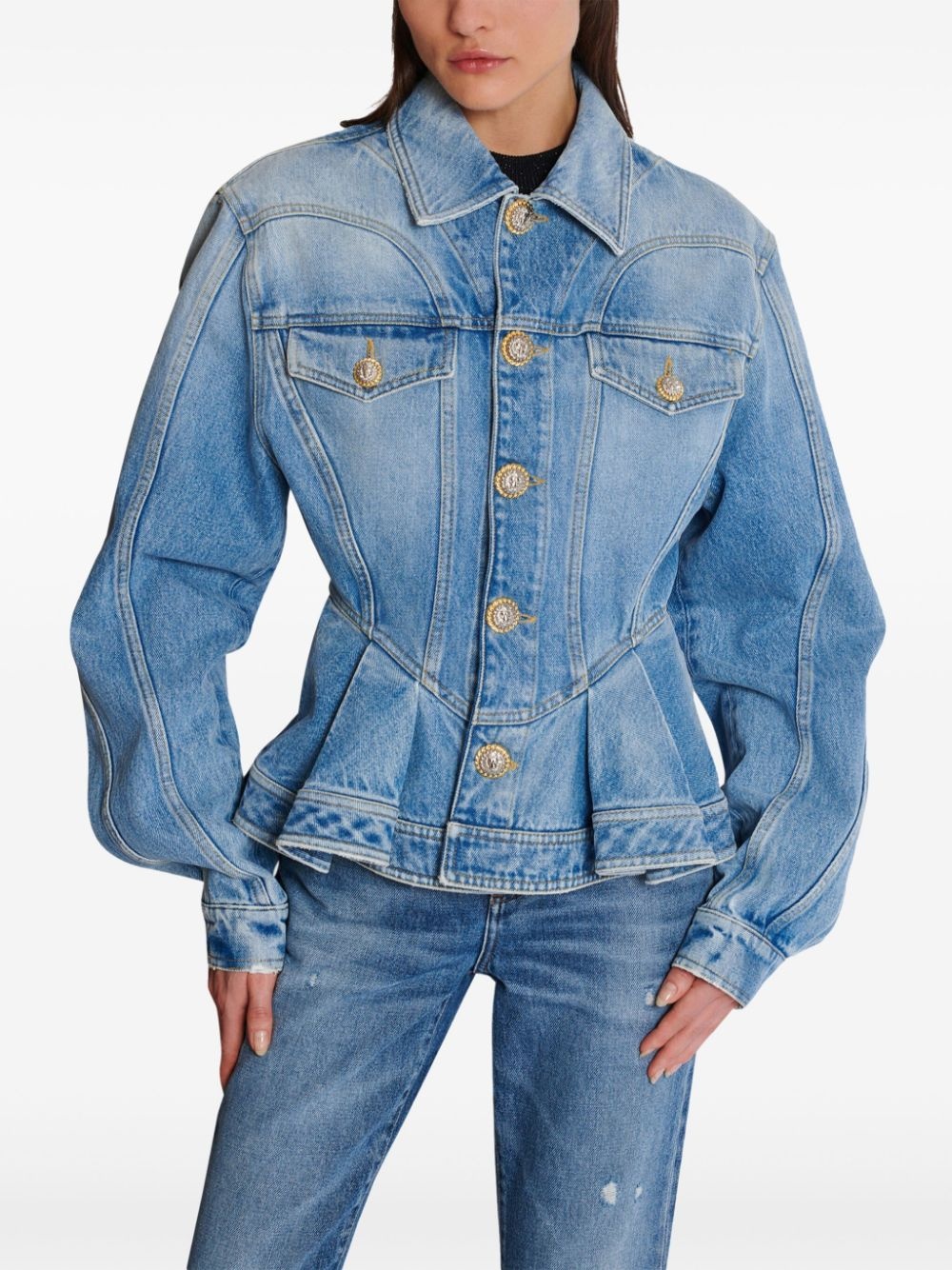 logo-buttons pleated denim blazer - 6