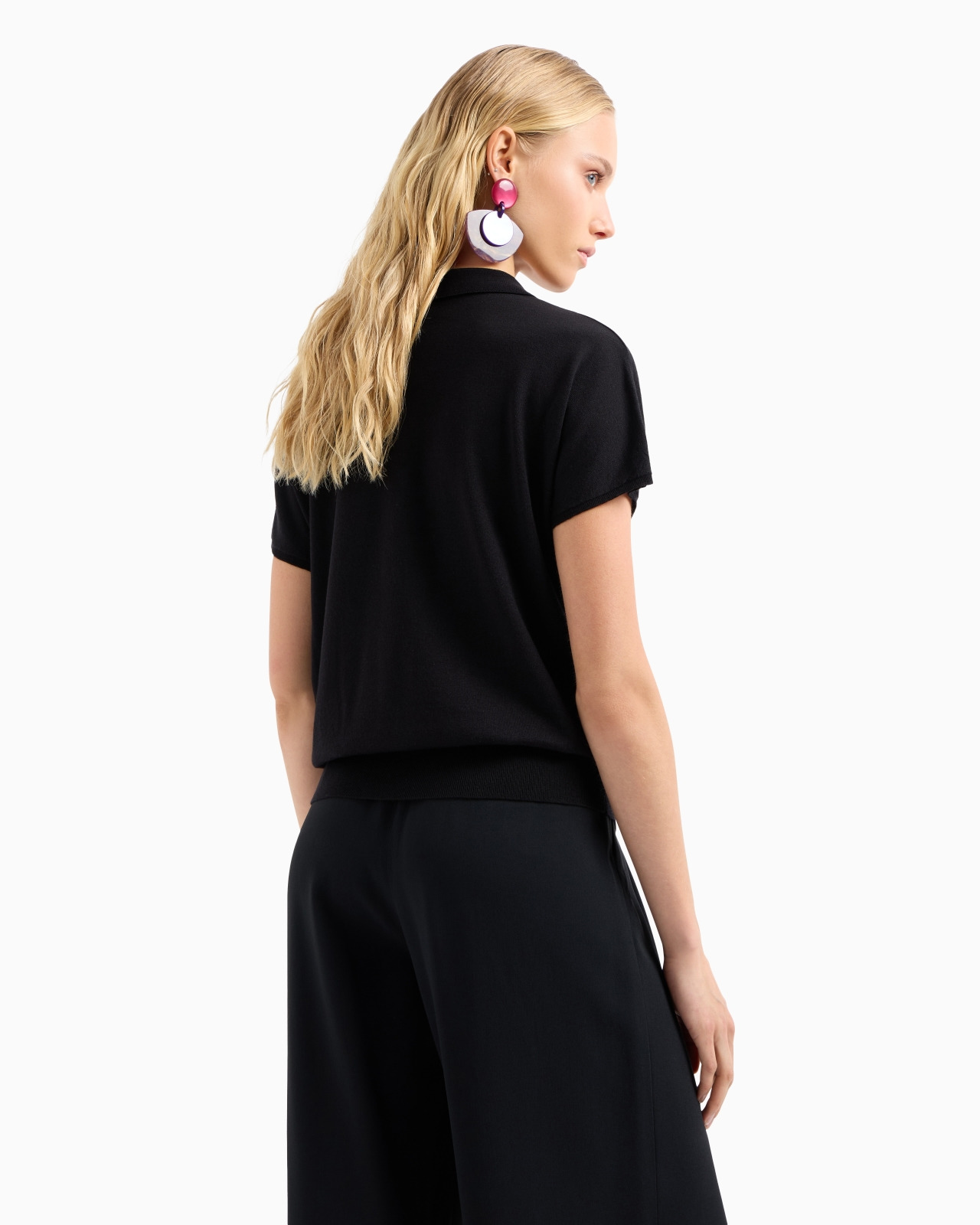 Polo-shirt collar jumper in a decrease stockinette stitch virgin-wool and silk blend - 3