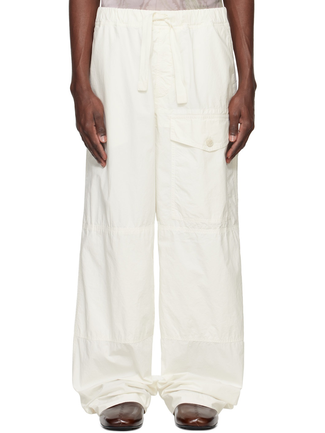 White Cotton Drawstring Cargo Pants - 1