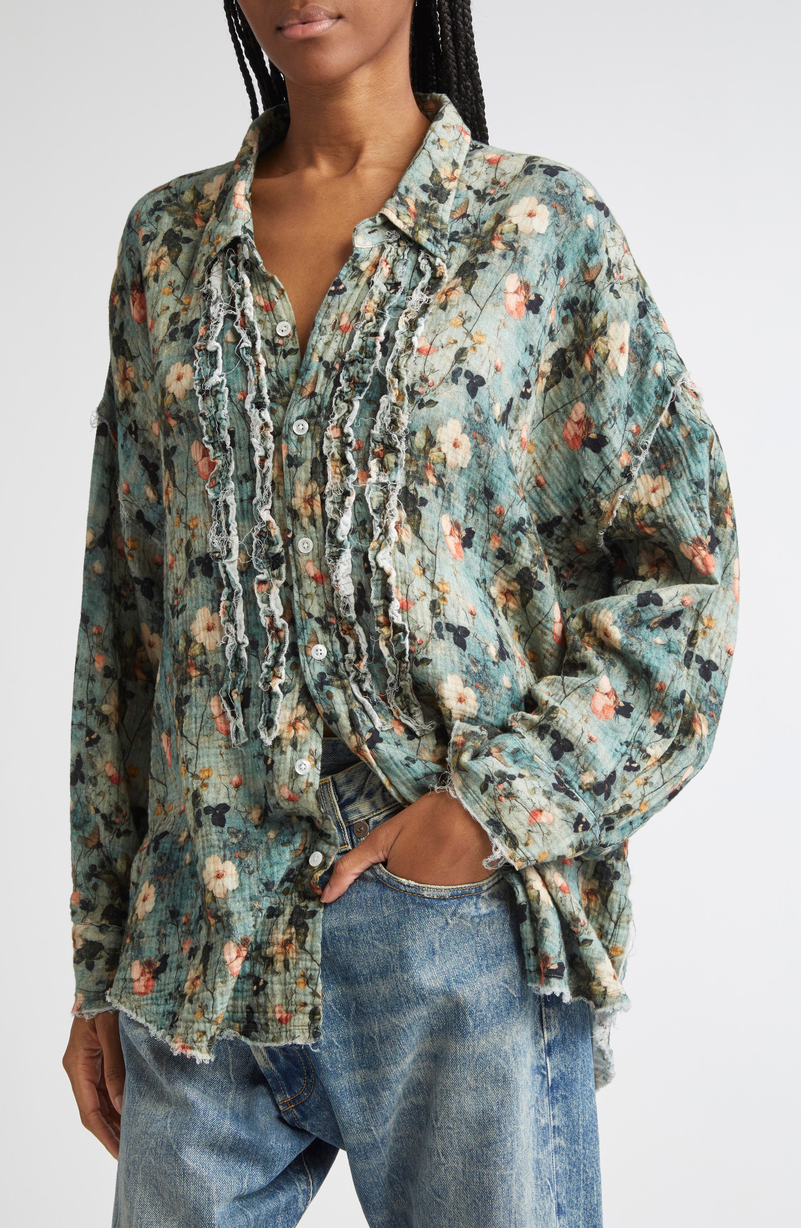 R13 Shredded Seam Ruffle Button-Up Shirt in Turquoise Floral at Nordstrom - 5