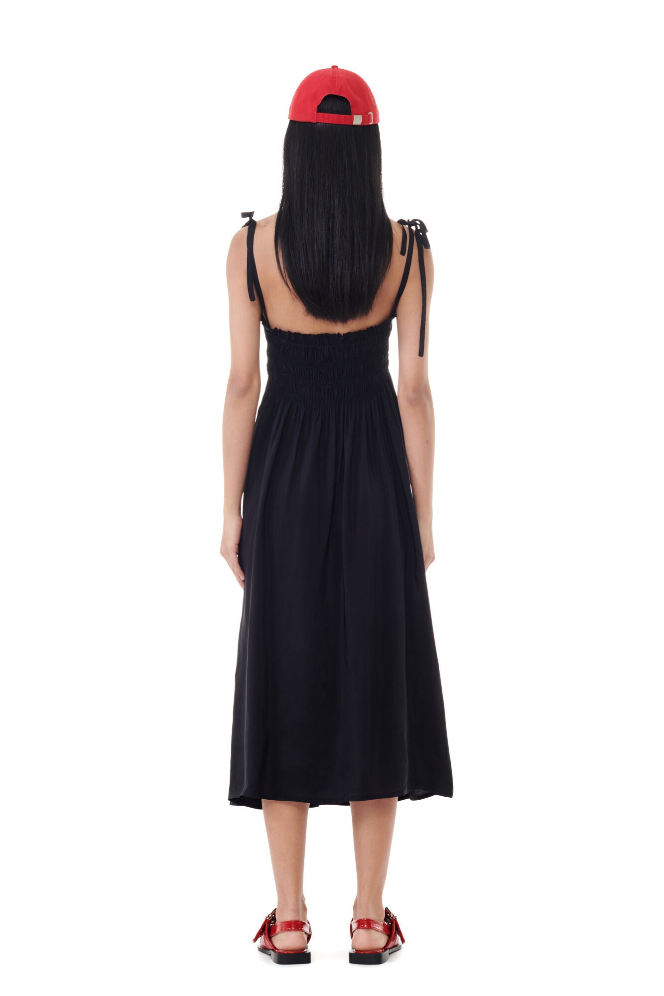 BLACK VISCOSE HABOTAI MIDI SMOCK STRAP DRESS - 5