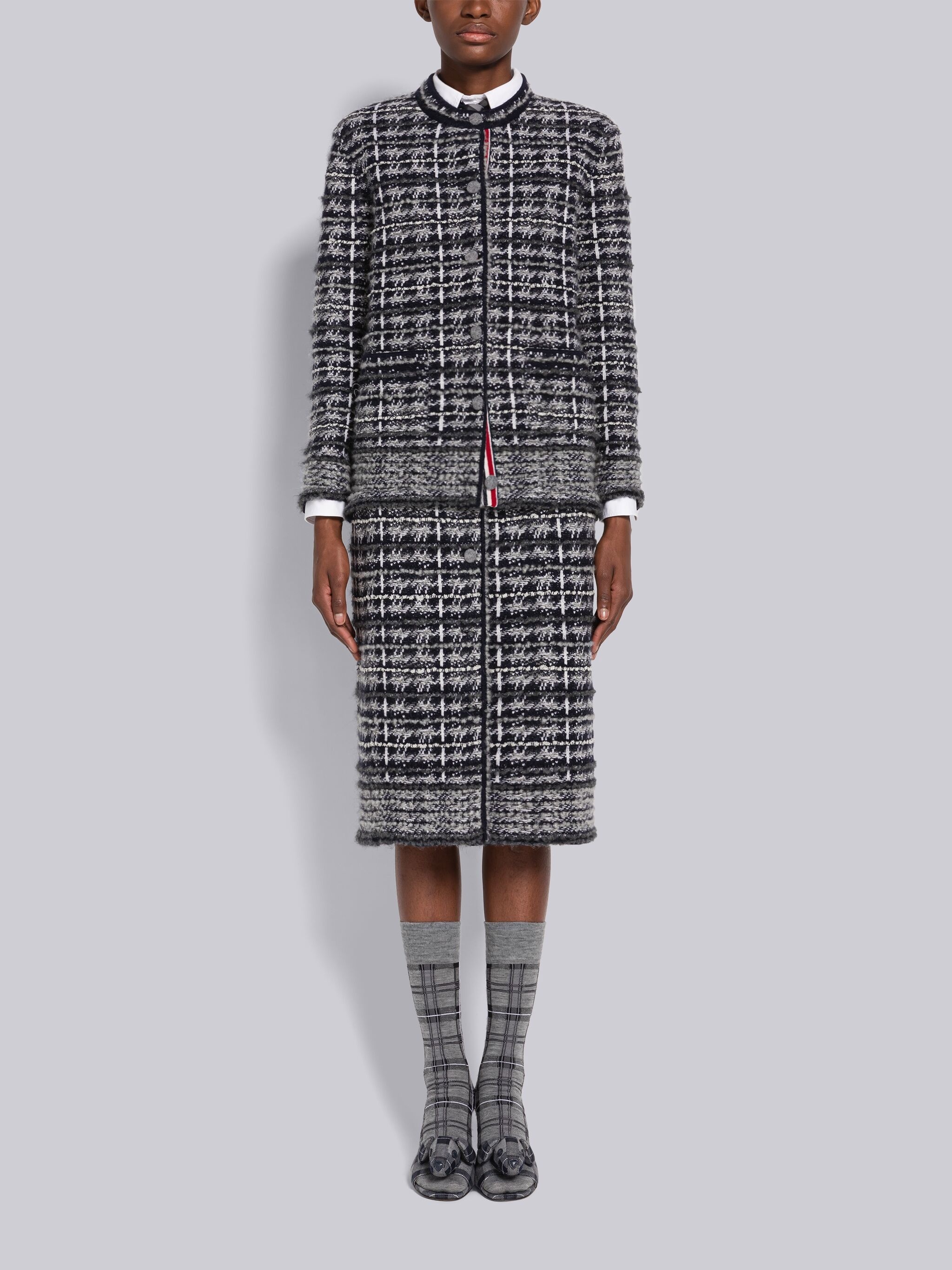 Check Tweed Knee Length Cardigan Skirt - 4