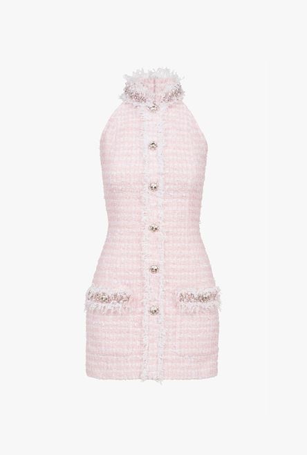 White and pale pink tweed open-back dress with embroideries - 1