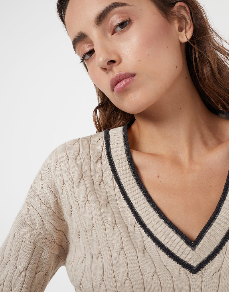 Cotton cable knit sweater with shiny contrast trims 3