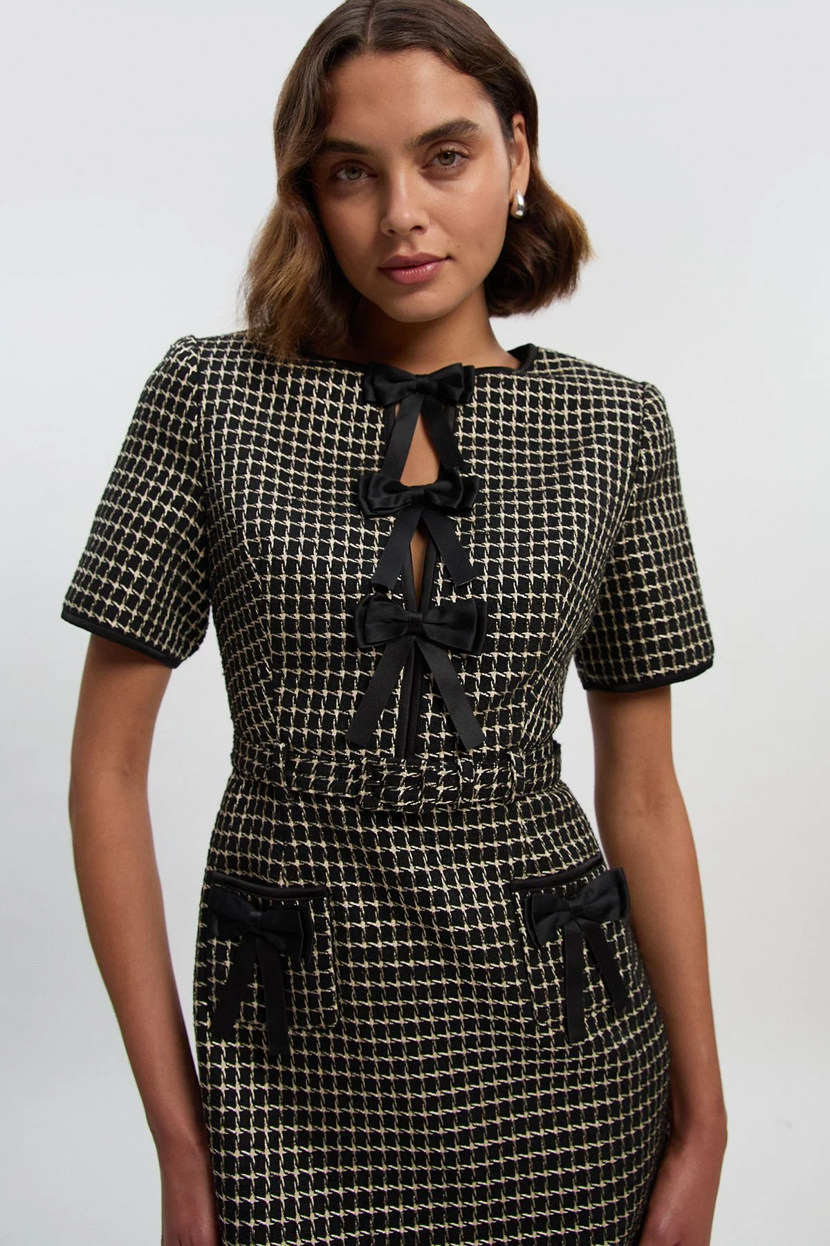 Tailored Tweed Bow Detail Mini Dress - 1
