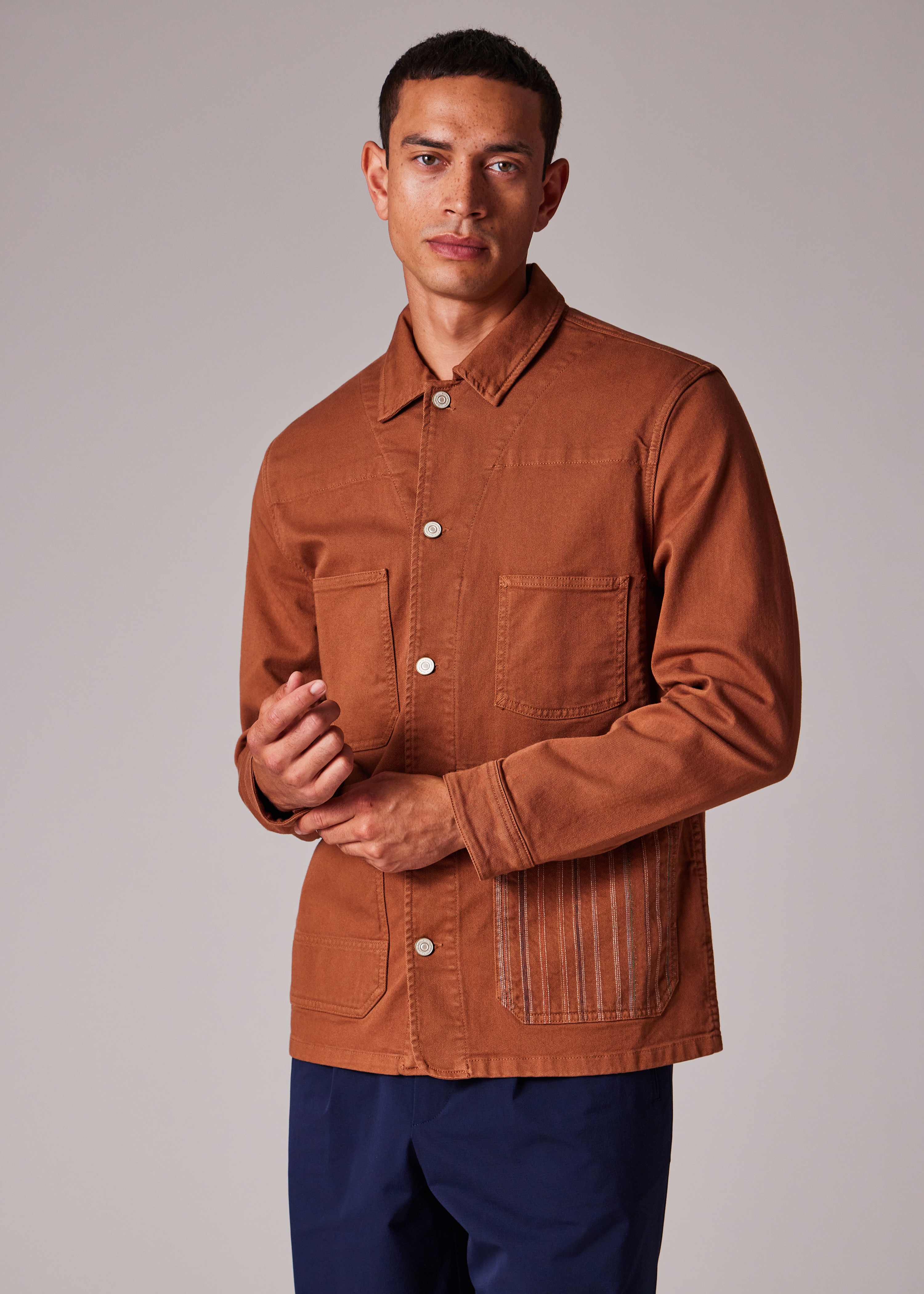 Rust Stretch Cotton-Twill Embroidered Stripe Chore Jacket - 7