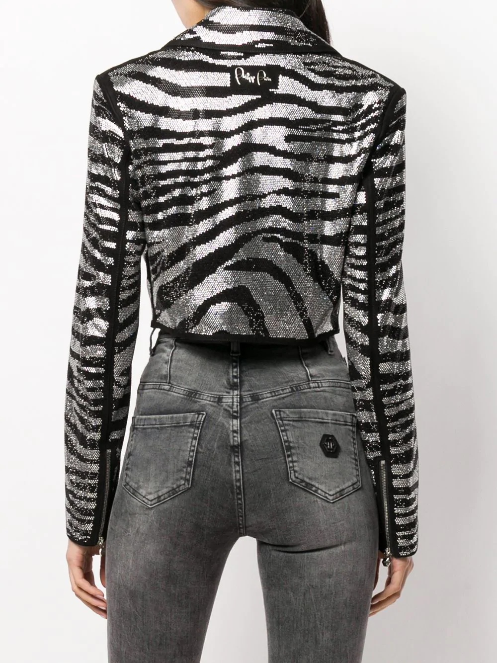 zebra-pattern crystal biker jacket - 4