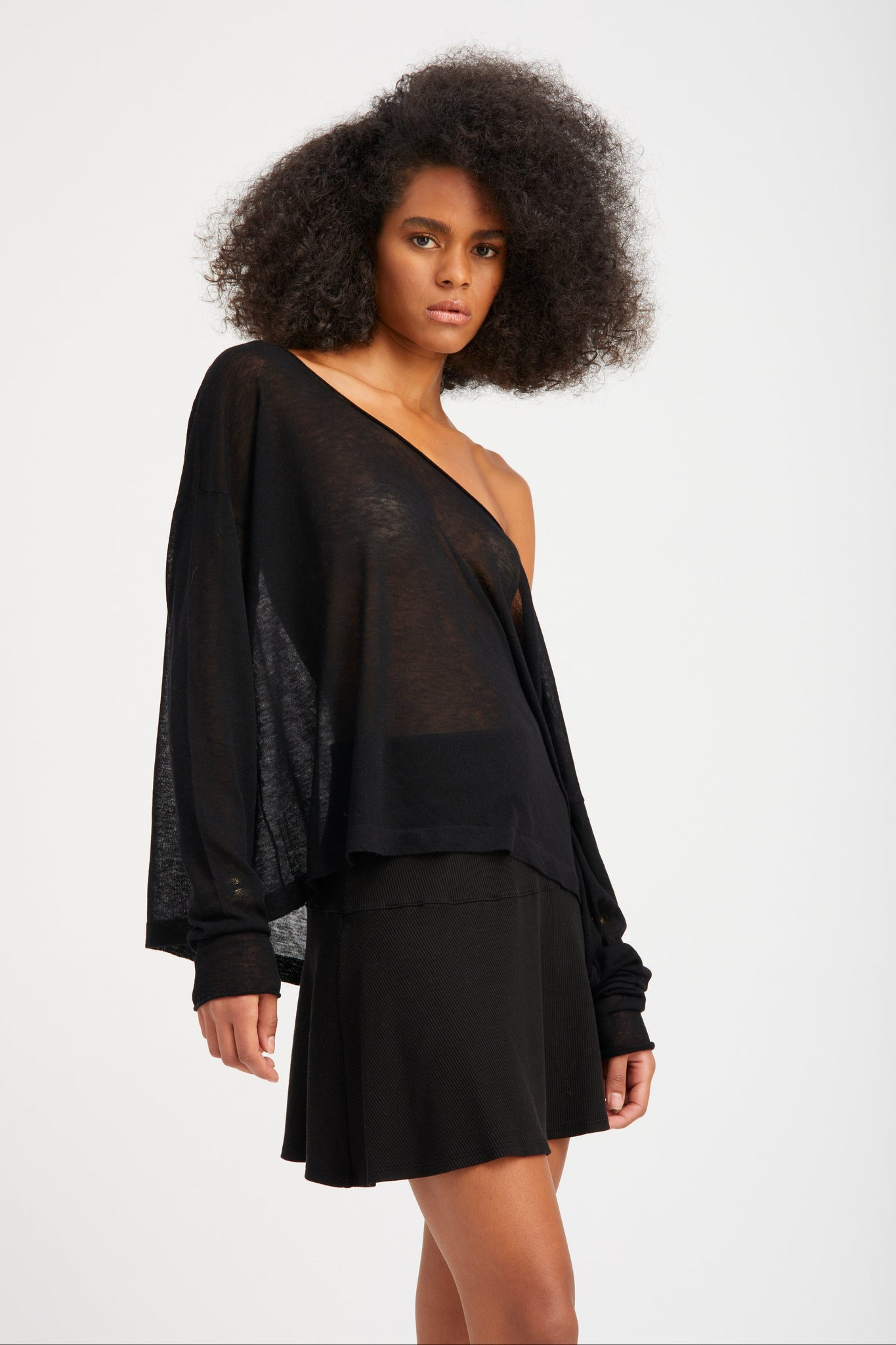 BLACK TISSUE CASHMERE OFF-SHOULDER TOP - 6