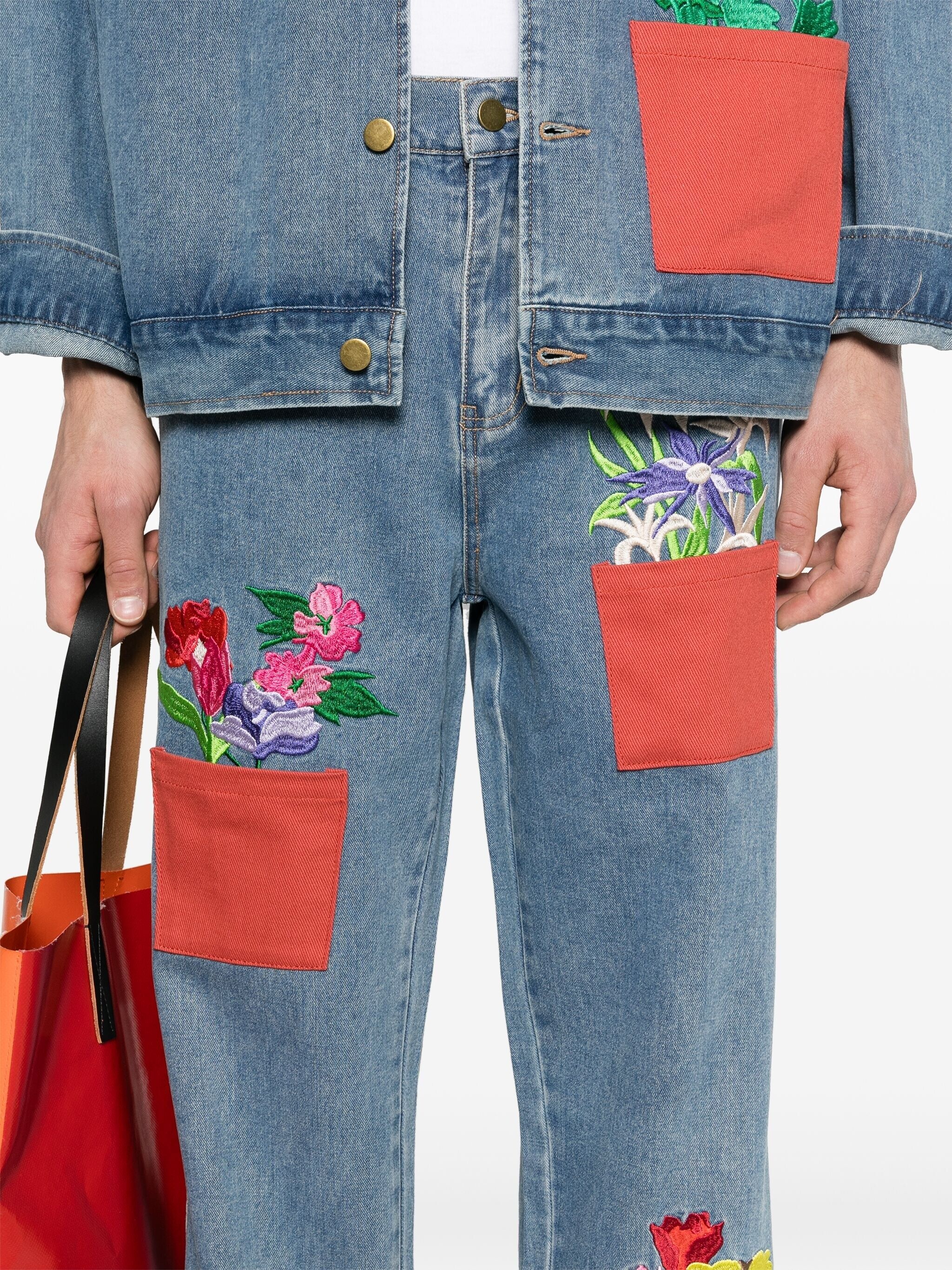 flower-pots embroidered tapered jeans - 5