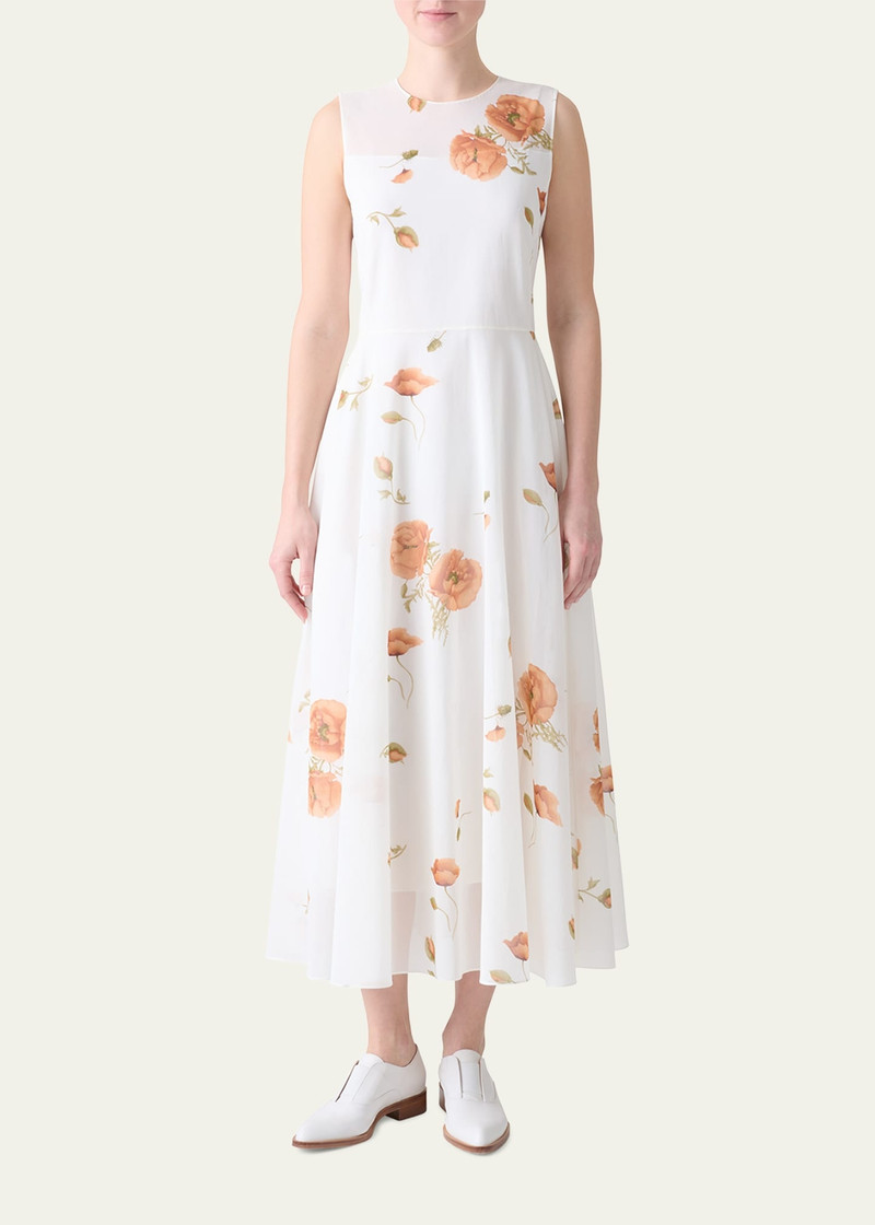 AKRIS Anemone Print Belted Fit-and-Flare Voile Dress outlook