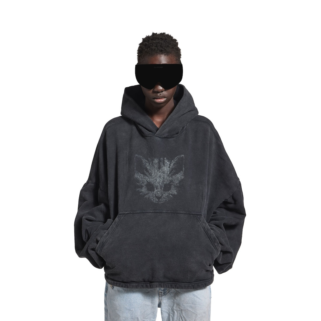 Women's Kittycat Cropped Hoodie in Faded Black/white - 5