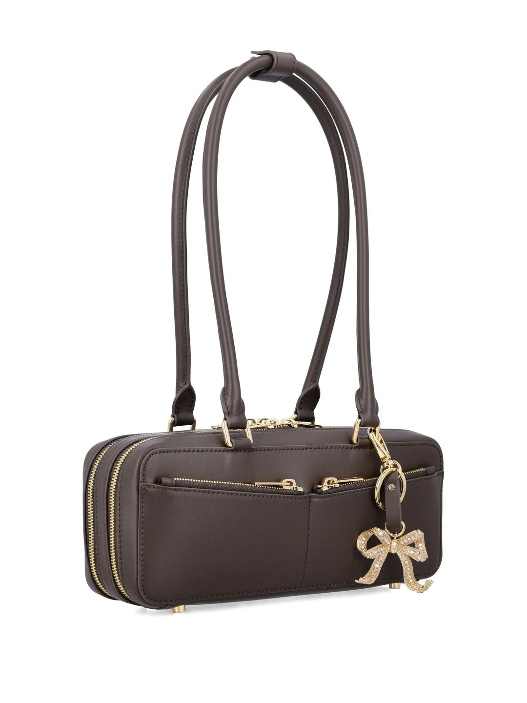 Brown Leather Baguette Shoulder Bag With Charm - 2
