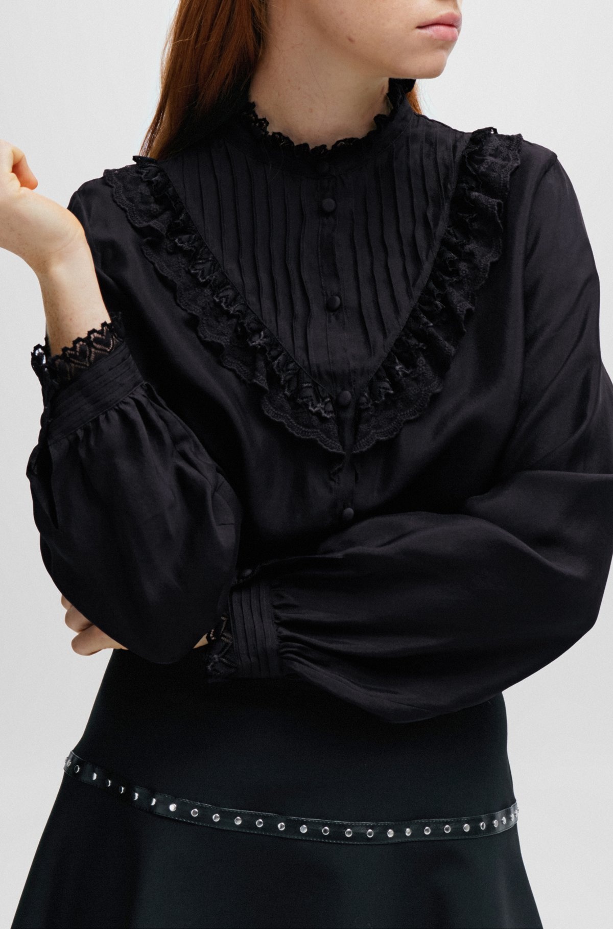 REGULAR-FIT BLOUSE WITH LACE TRIMS AND PLEATING - 6