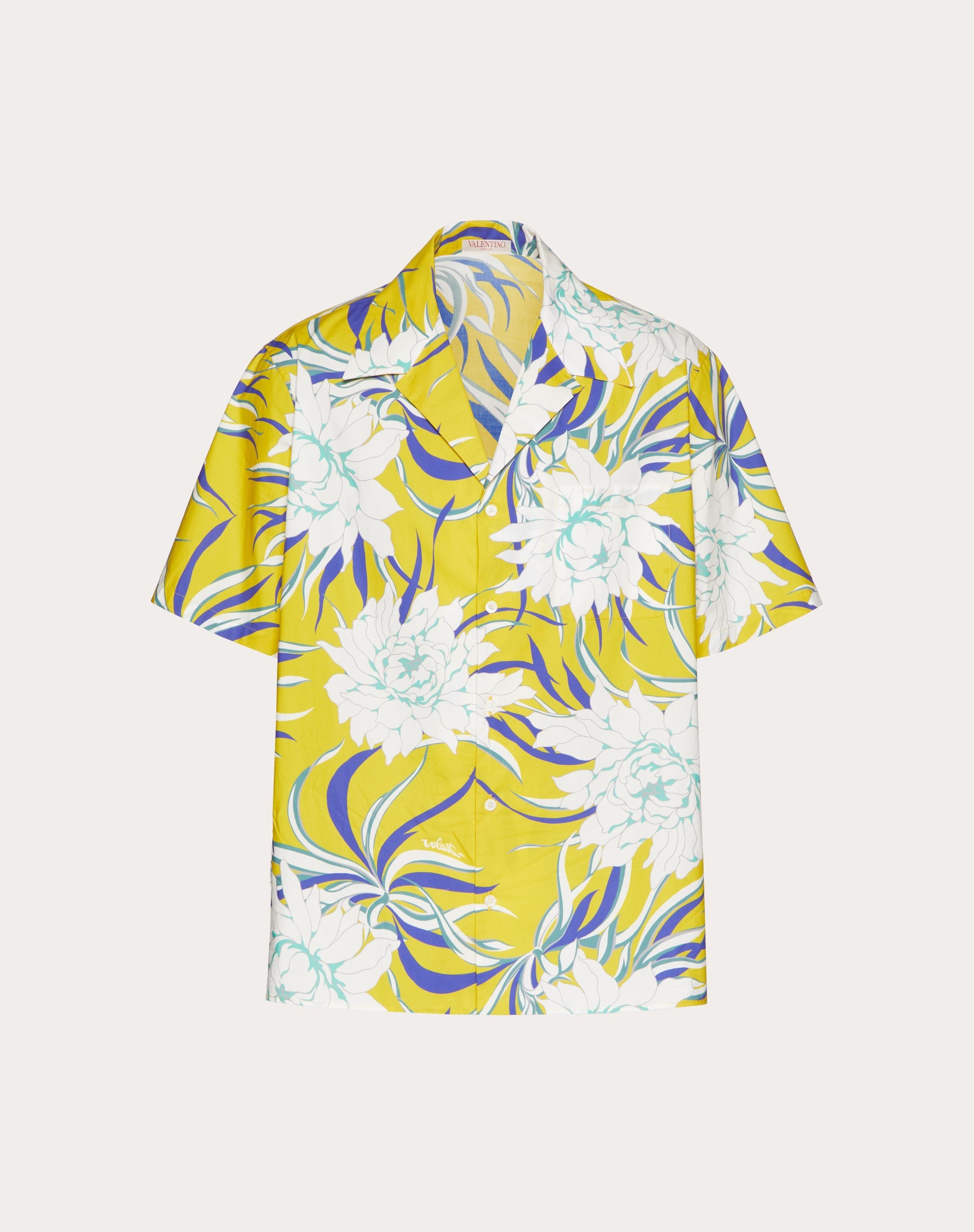 COTTON POPLIN BOWLING SHIRT WITH STREET FLOWERS COUTURE PEONIES PRINT - 1