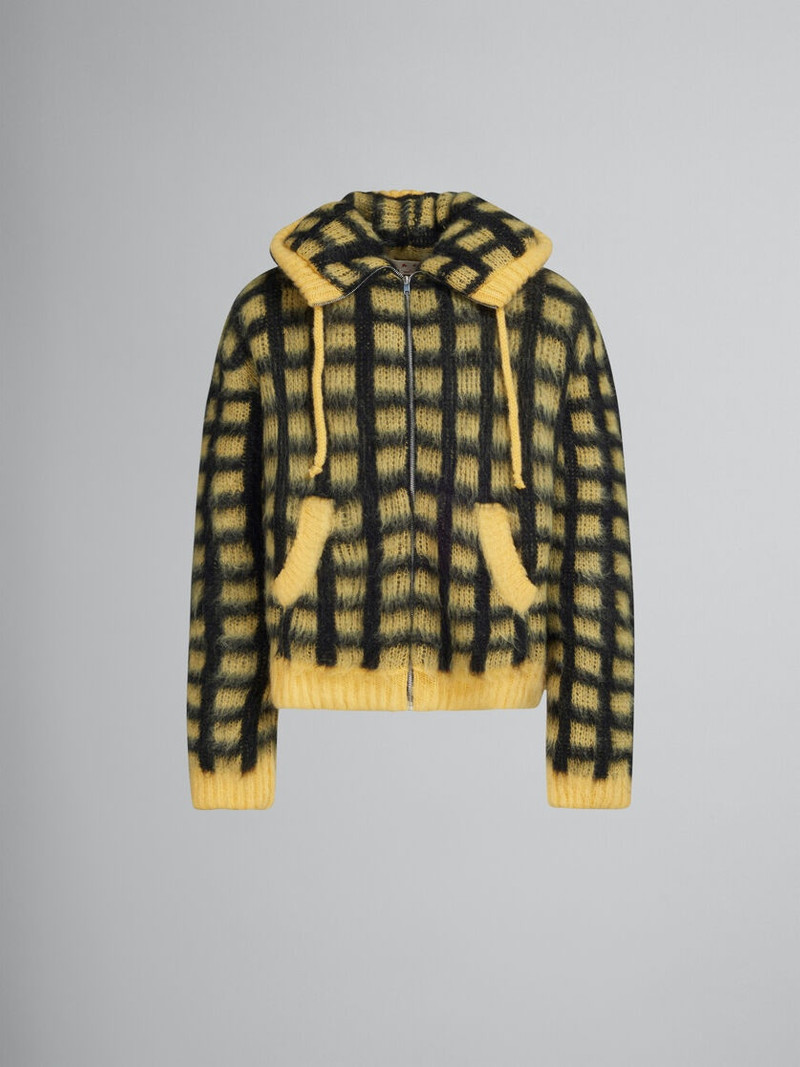 YELLOW CHECKED MOHAIR HOODED CARDIGAN - 1