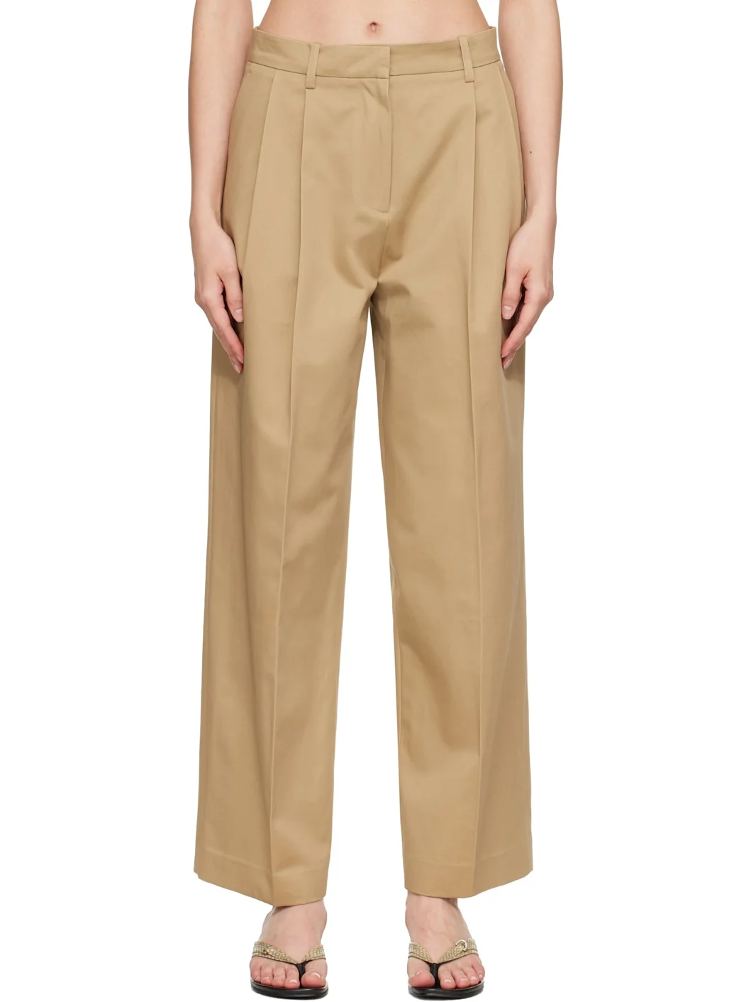 Beige Cotton Wide Leg Pleated Trousers - 1