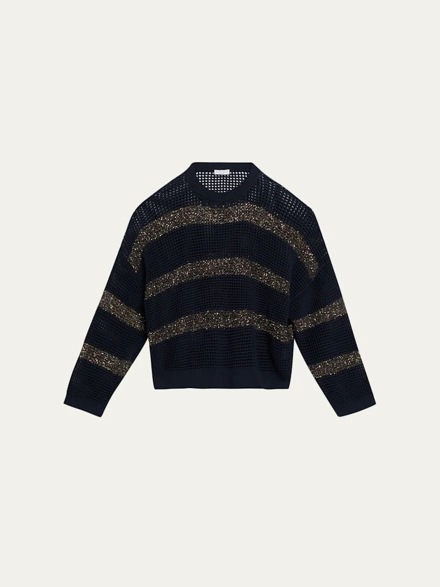 Pailette Striped Open-Knit Crewneck Sweater - 1