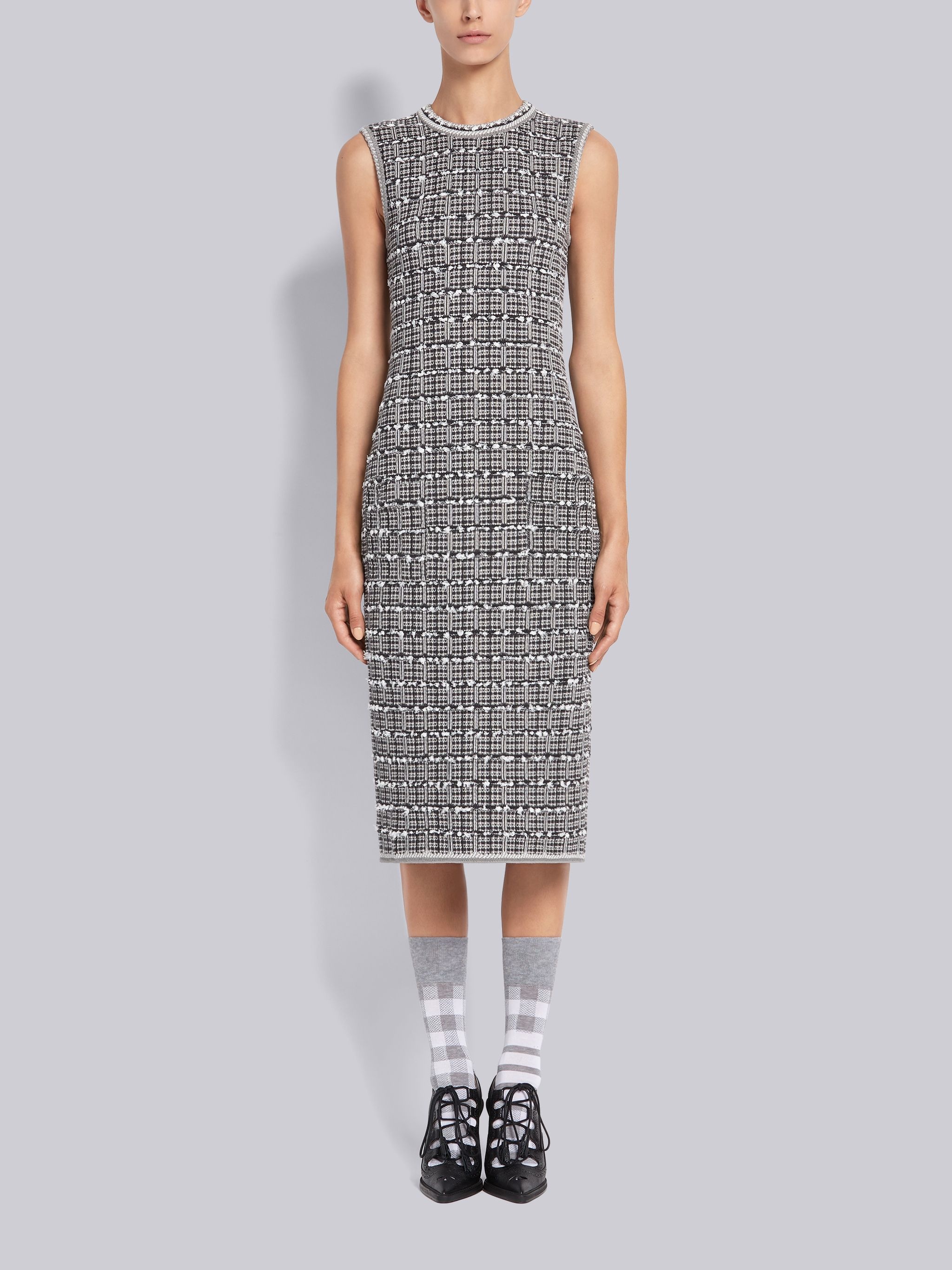 Medium Grey Cotton Viscose Windowpane Jacquard Sleeveless Pencil Dress - 1