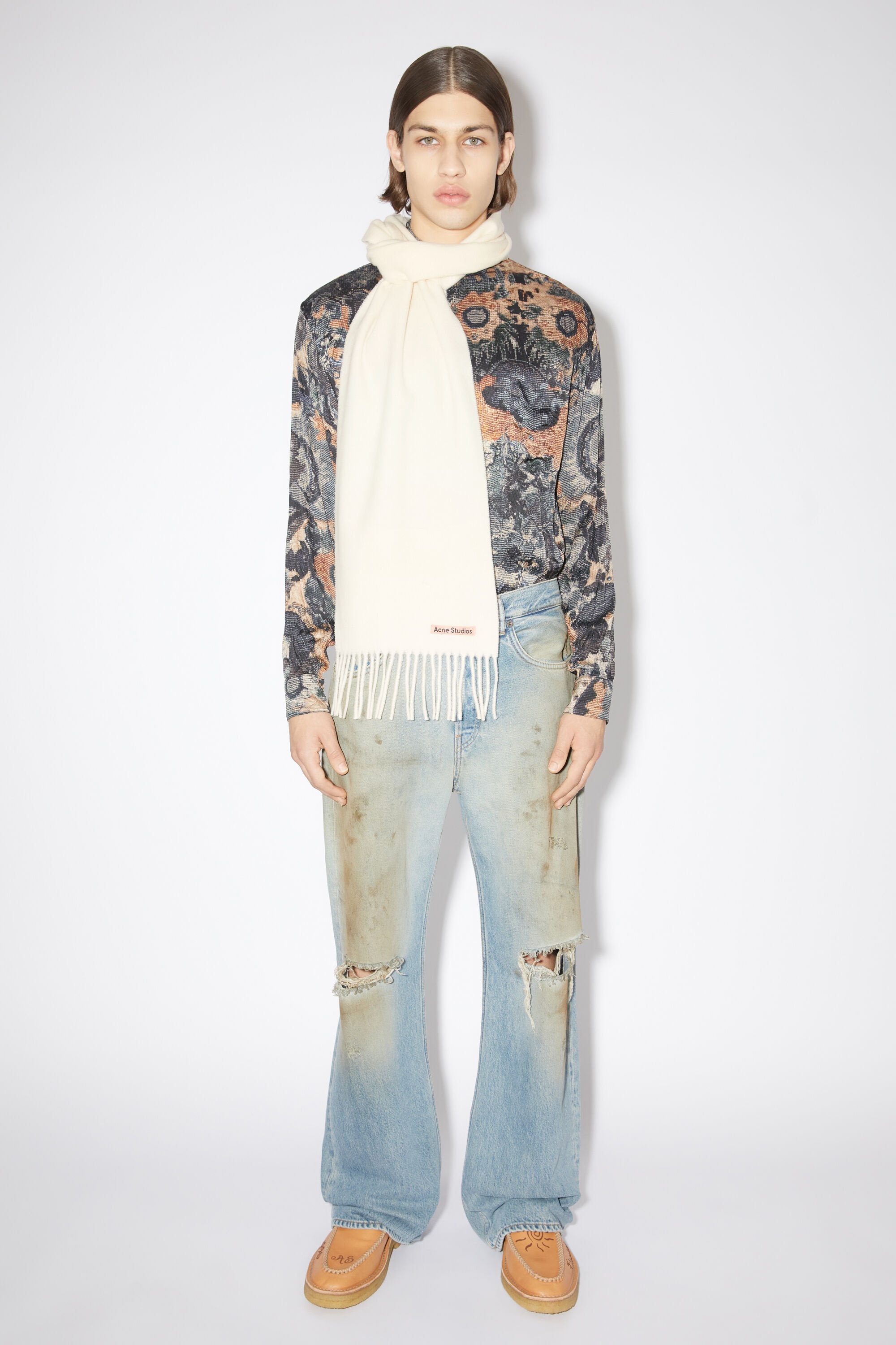 Fringe wool scarf - skinny - Warm white - 3