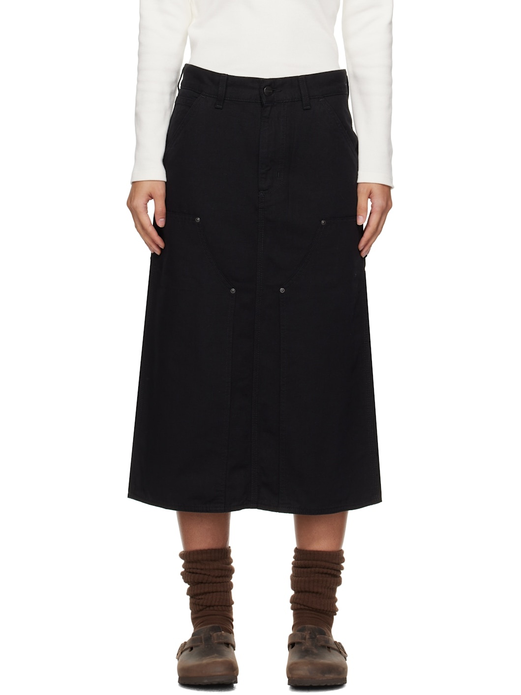 Black Double Knee Midi Skirt - 1