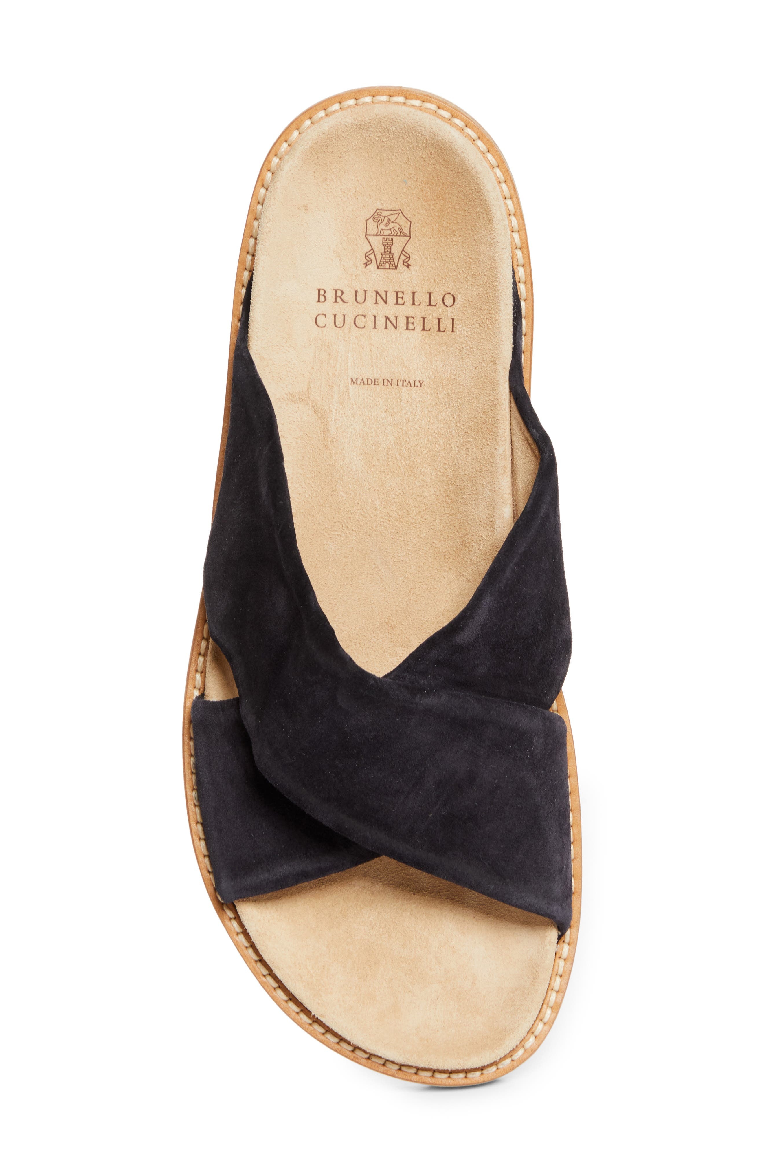 Brunello Cucinelli Cross Strap Suede Slide Sandal in Chh10 Dark Blue at Nordstrom - 5