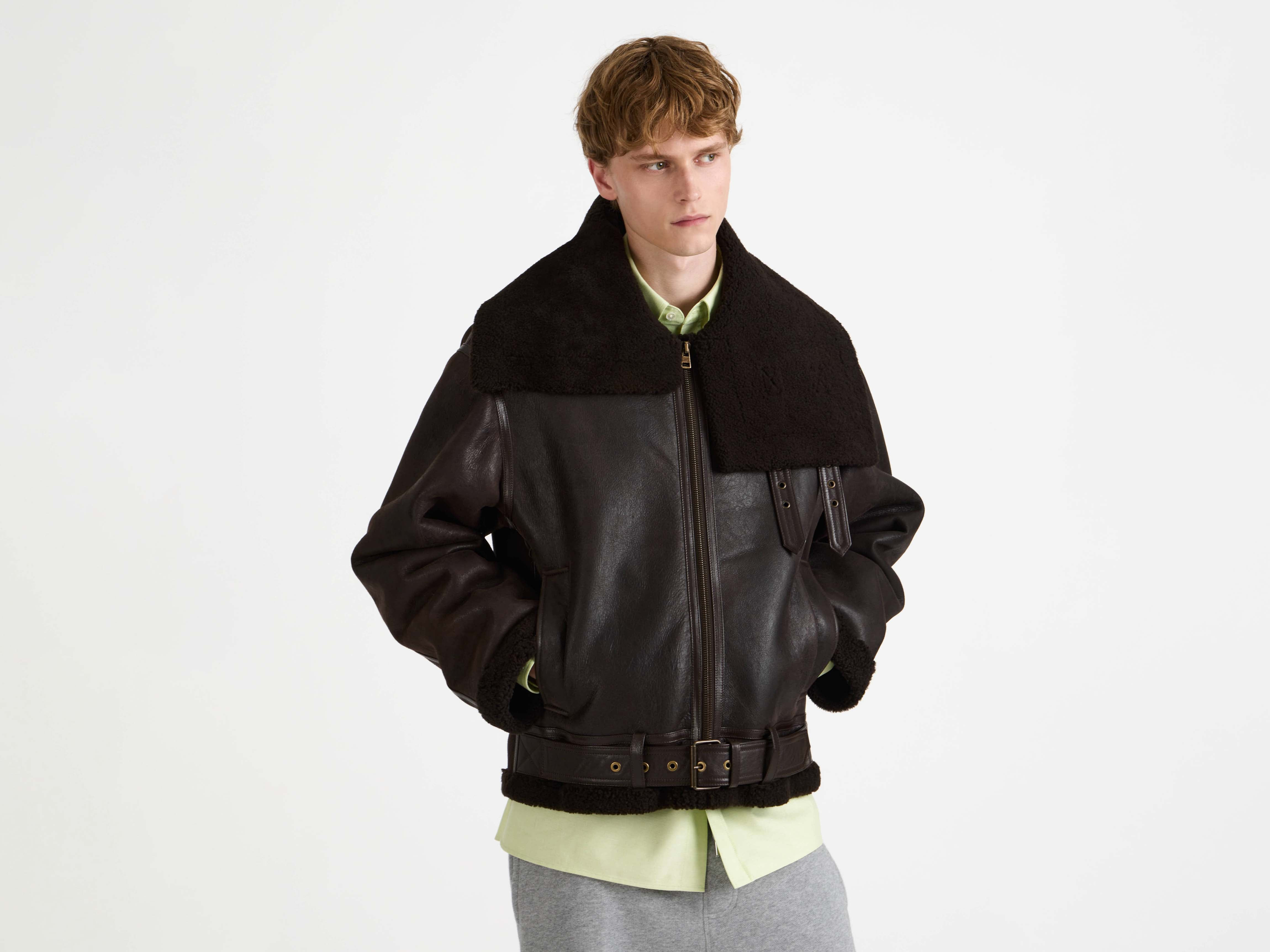 MENS SHEARLING AVIATOR JACKET IN CHOCOLATE BROWN - 5