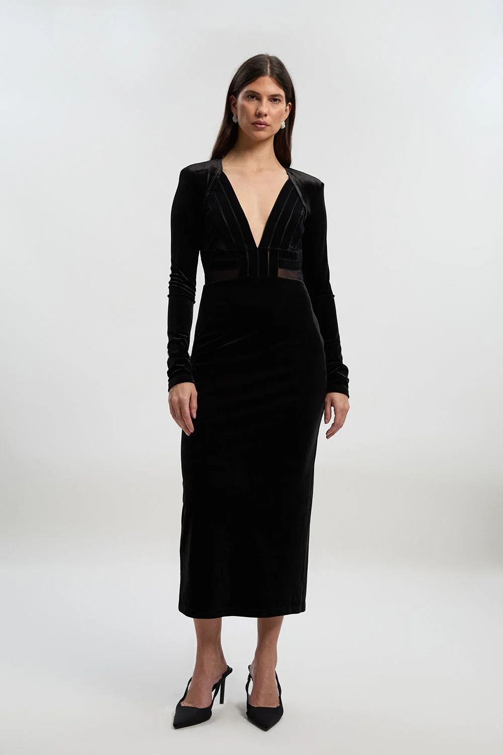 Stretch Velvet Taping Detail Mesh Plunge Neck Cut Out Back Midi Dress - 1