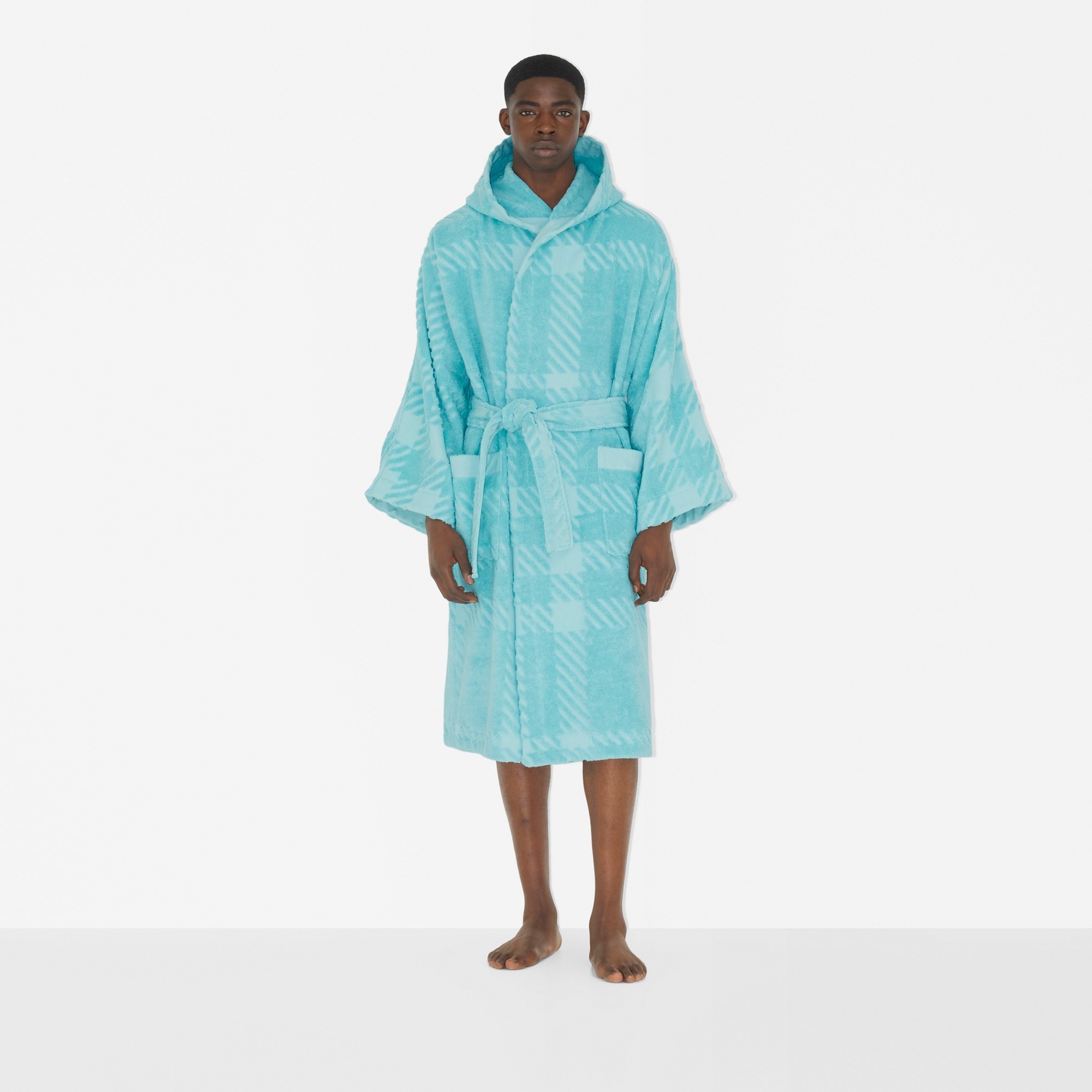 Check Cotton Jacquard Hooded Robe - 6