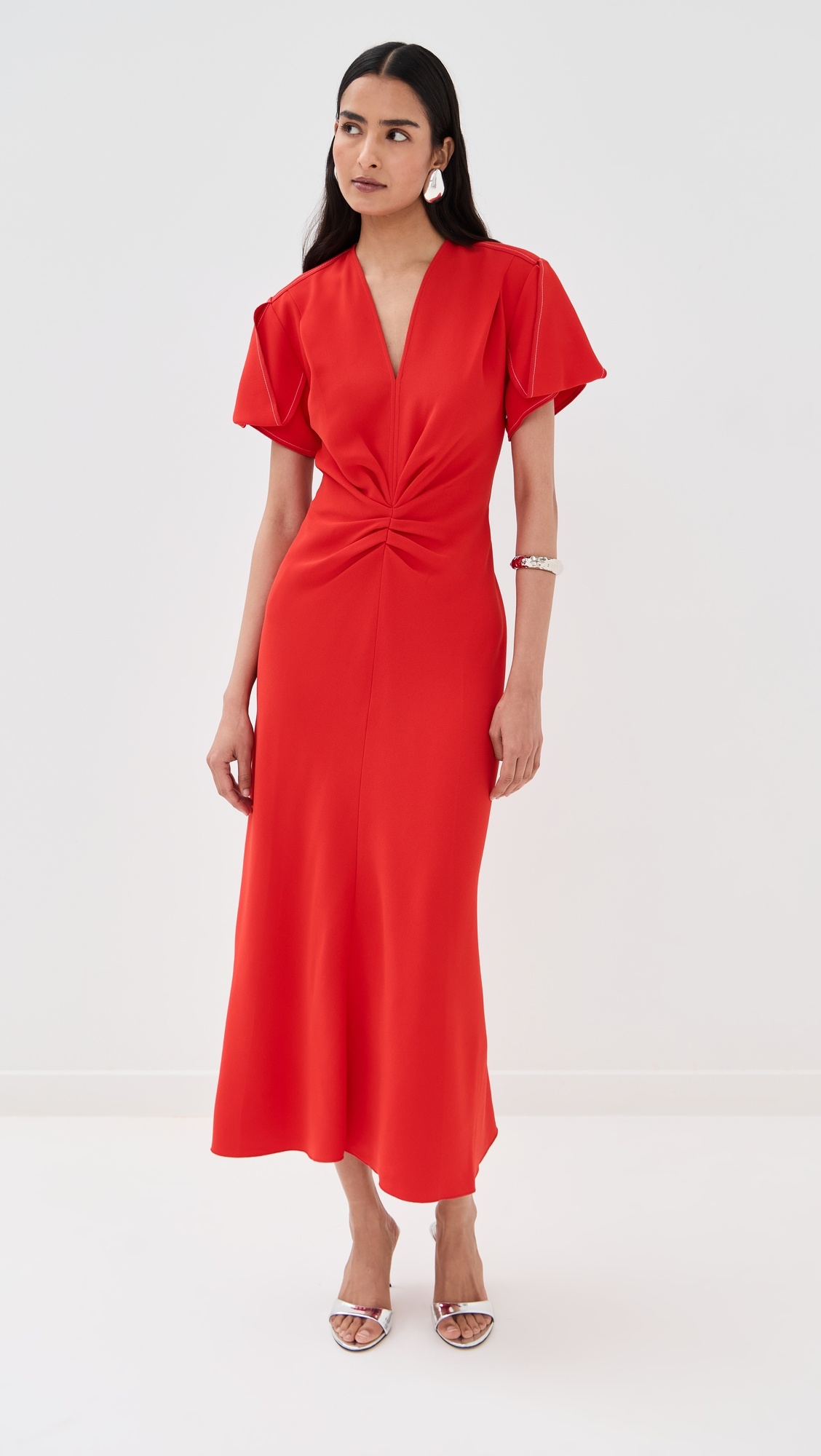 Gathered V Neck Midi Dress - 4